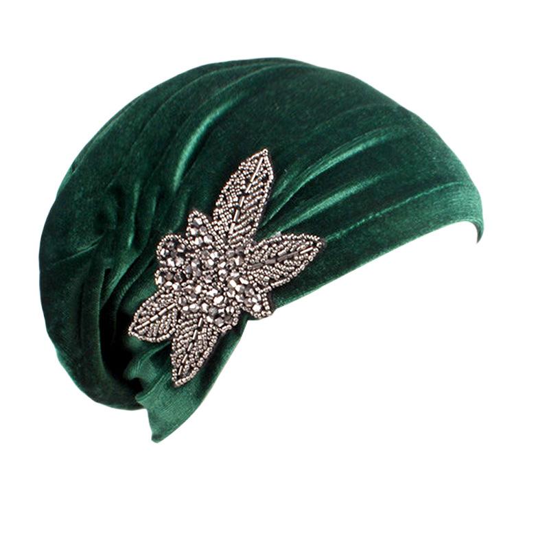 Velvet Pleated Turban Hat with Beaded Flower, Soft Hair Loss Bonnet for Women