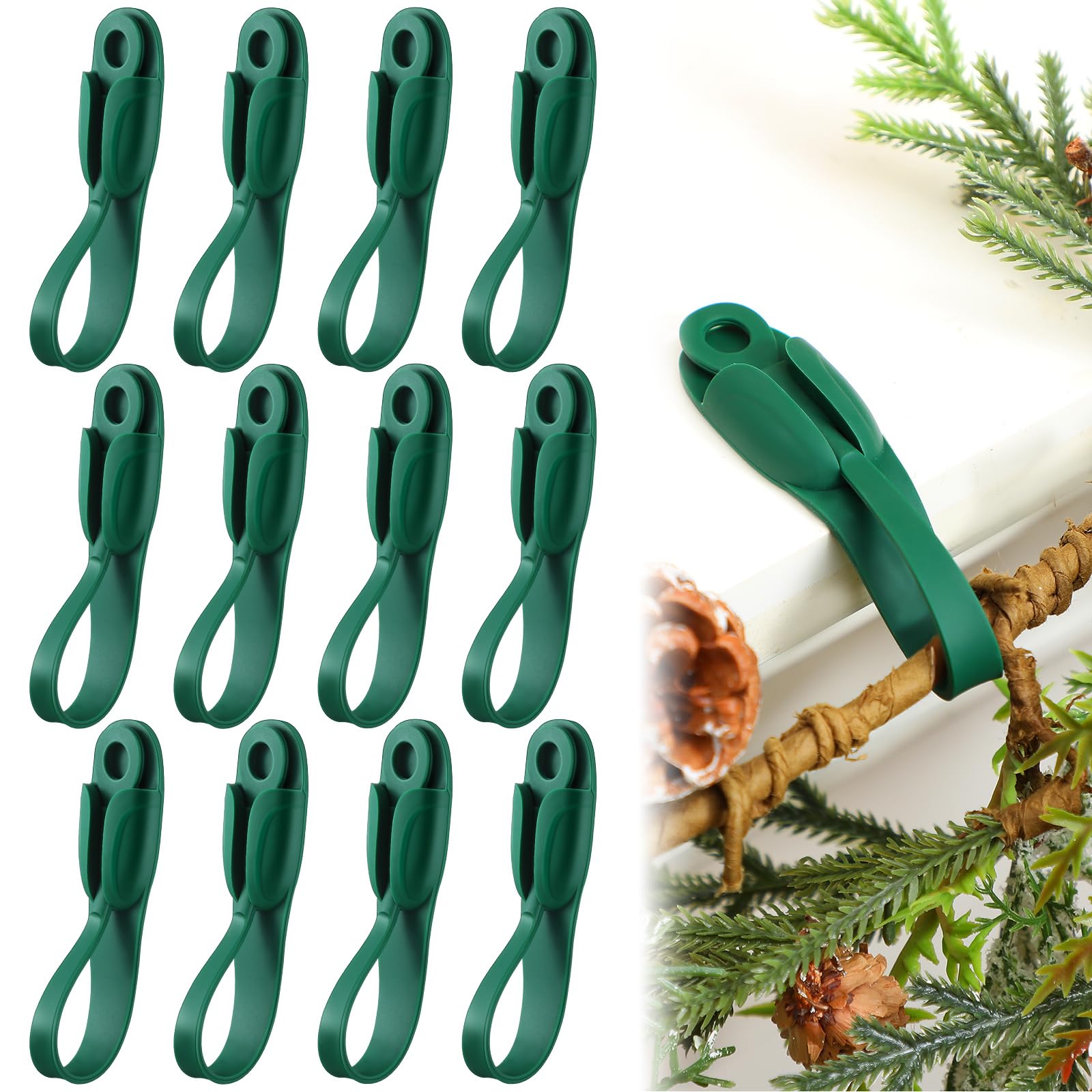 12 Pcs Christmas Garland Hook Pine Branch Garland Wall Hooks Green Wall Hanger Mantle Wreath Hook Christmas Garland Ties Stocking Holder Reusable Silicone Adhesive Straps Decoration for Fireplace Stairways  Home Decor Party  2024 ornament