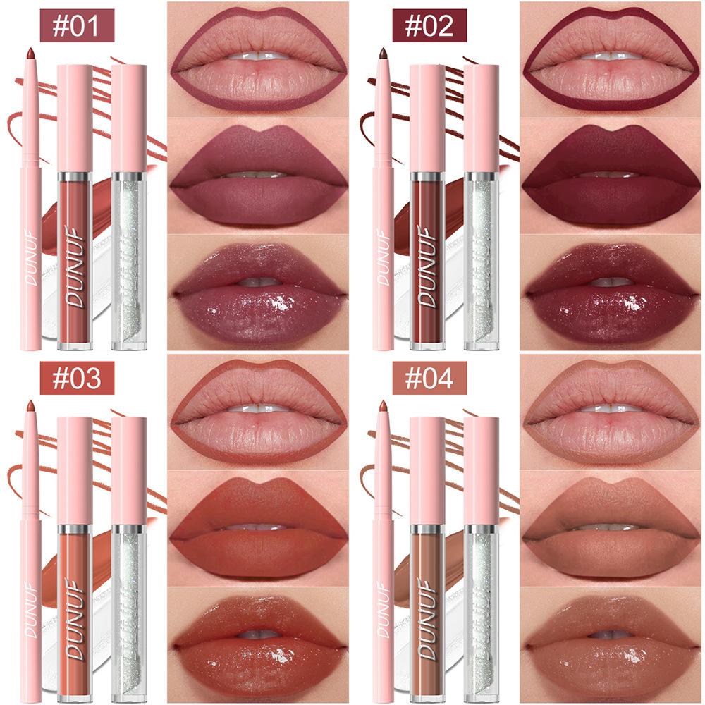 3PCS Nude Brown Lip Liner and Matte Lipstick Makeup Sets,3in1 Vegan Lipstick Lip Liner and Gloss Stain Set Long Lasting Waterproof labiales mate 24 horas originales matte largaduracion