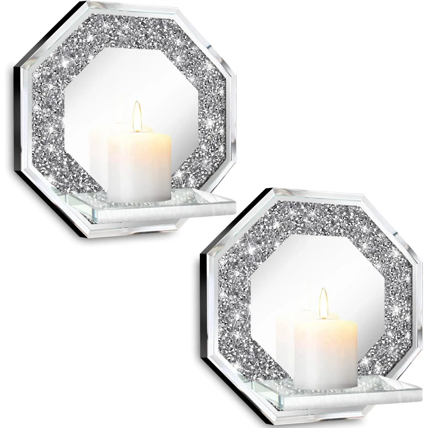 ZOLAPI 2-Piece Crystal Glass Wall Candle Holder Set, 6.8" Square Octagon-Shape Silver Mirrored Wall-Mounting Sconces, Home Decor for Living Room, Bedroom