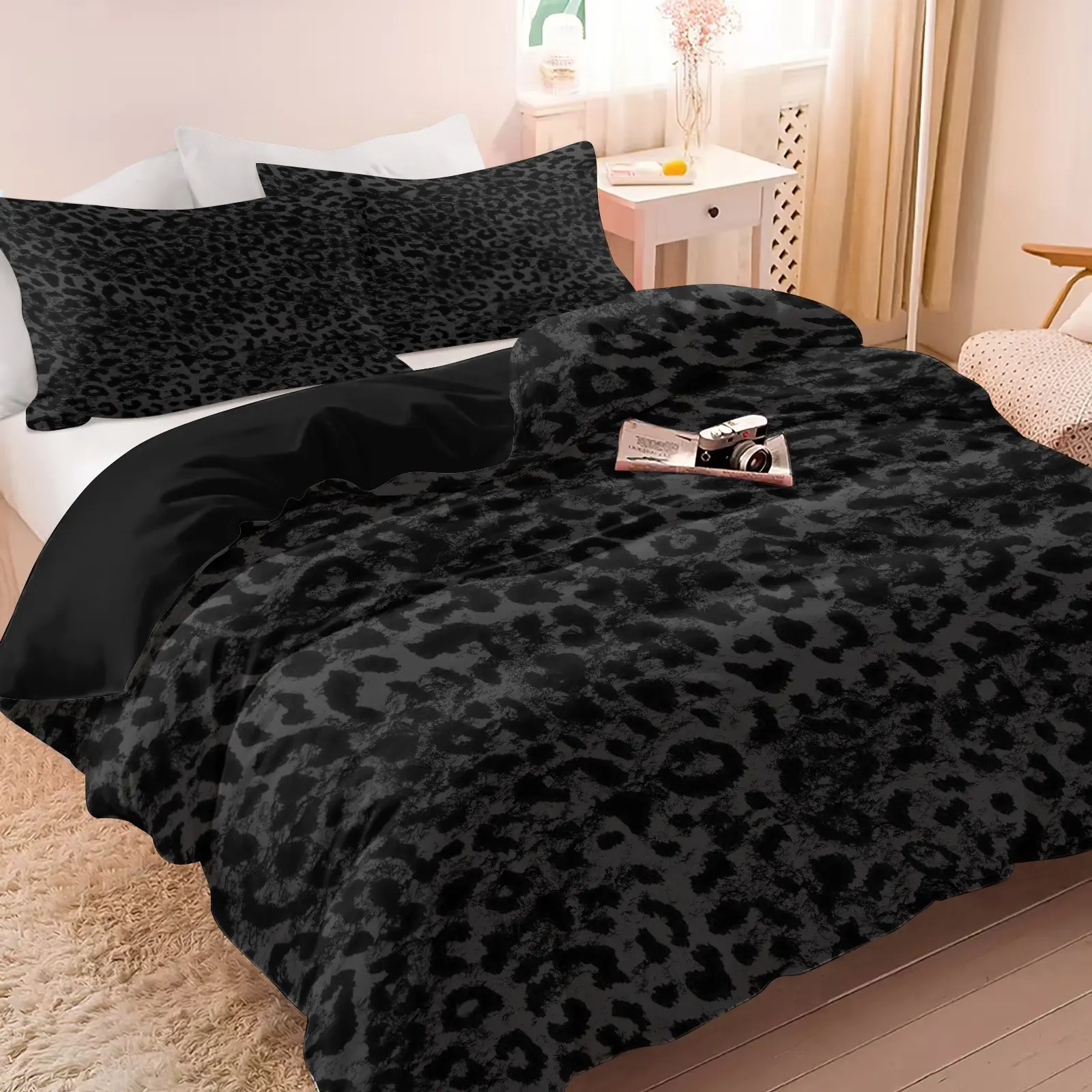 Vintage Black Leopard Print Duvet Cover Set, 1 Duvet Cover & 1/2 Pillowcase, Bedding Set, No Filling, Dark Minimalist Bedding Decor Gift for Men Women Teens Family Bedroom Dorm Guest Room Household Decoration, Decorative Bedding Set