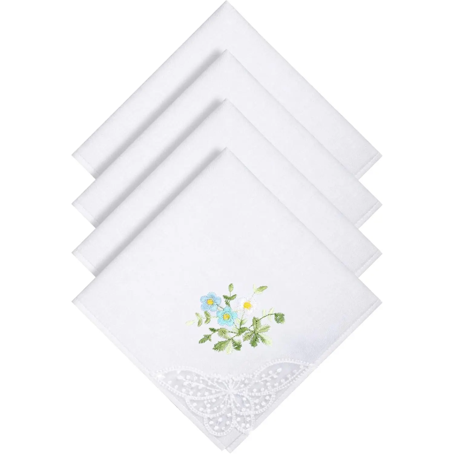 4 PCS Cotton Handkerchiefs for Women 11 Inch White Handkerchief with Lace Embroidered Flowers Hankies for Women Ladies Wedding Bride Celebration Special Occasions Daily Use