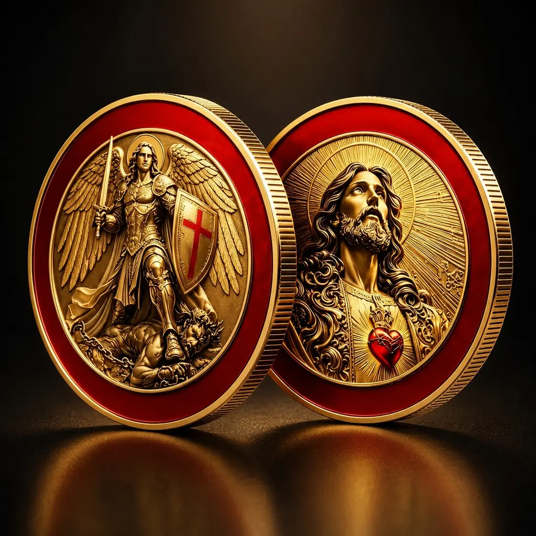 Golden Religious Commemorative Coin, Saint Michael Angel Jesus Sacred Heart Relief Collectible Coin, Faith Protection Gift Ornament