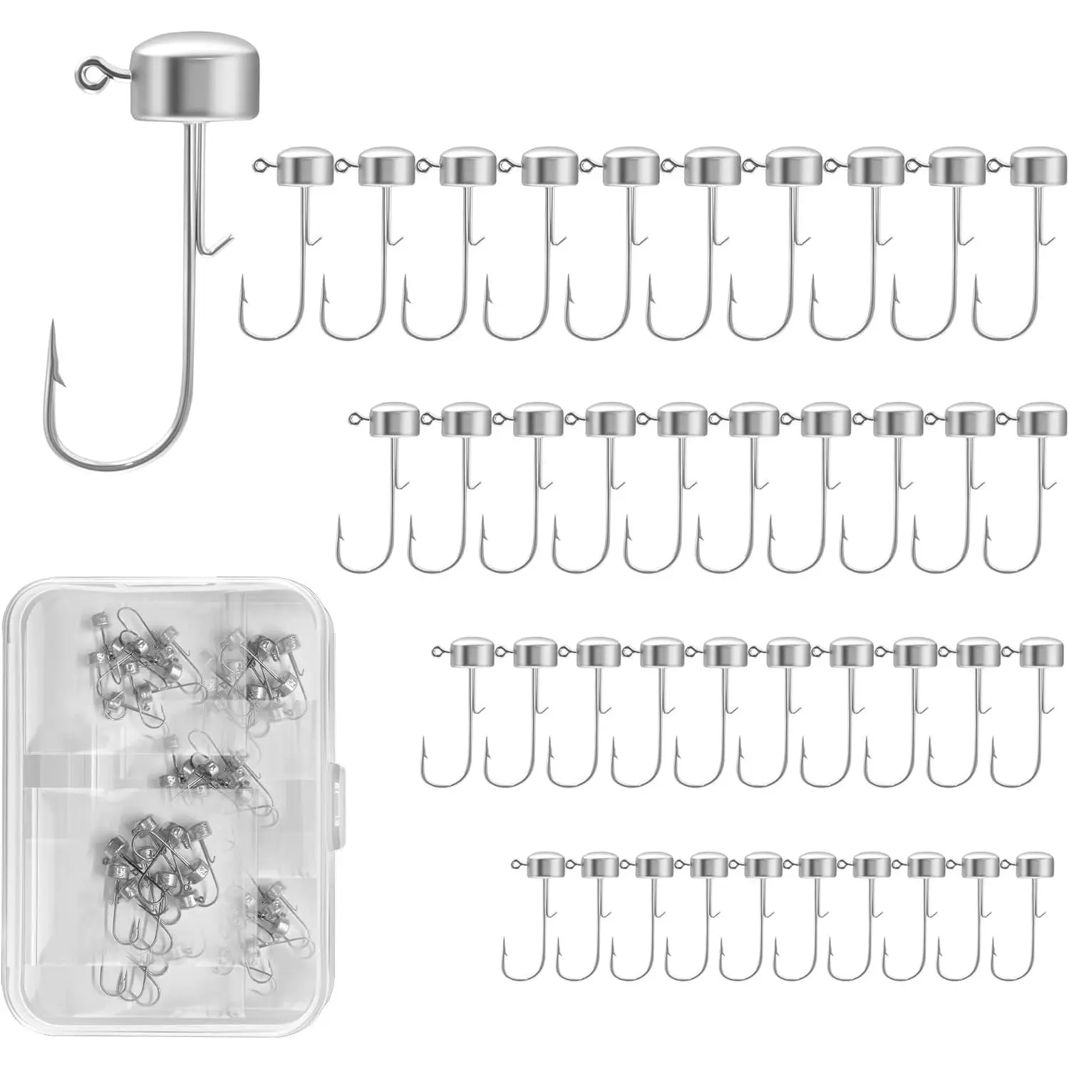 40pcs Ned Rig Jig Heads Set with Hooks Box – Mushroom Head Ned Rig Hooks for Bass Crappie Trout, Finesse Bass Fishing Jig Head Hooks, 1/12oz, 1/8oz, 3/16oz, 1/4oz, 10pcs Each Size