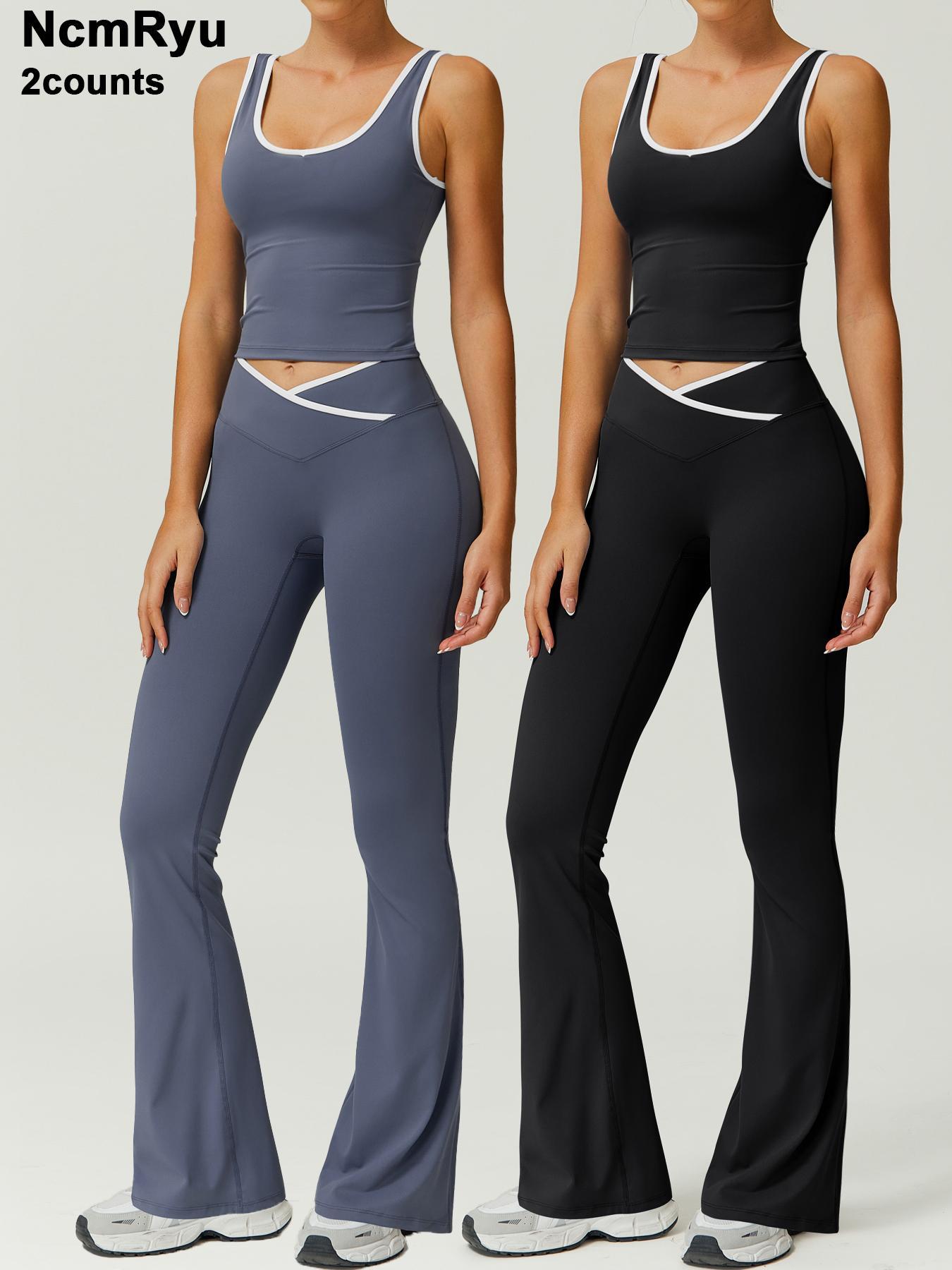 Two-Piece Set Women's Patchwork High Elastic Soft U-Neck Wide Shoulder Strap Vest Cross Waist Top Hip Flared Pants Yoga Clothes Four Seasons Running Gym sports training all-match vest, Workout Running Outfits, Activewear Set, Athleisure Sportswear Set