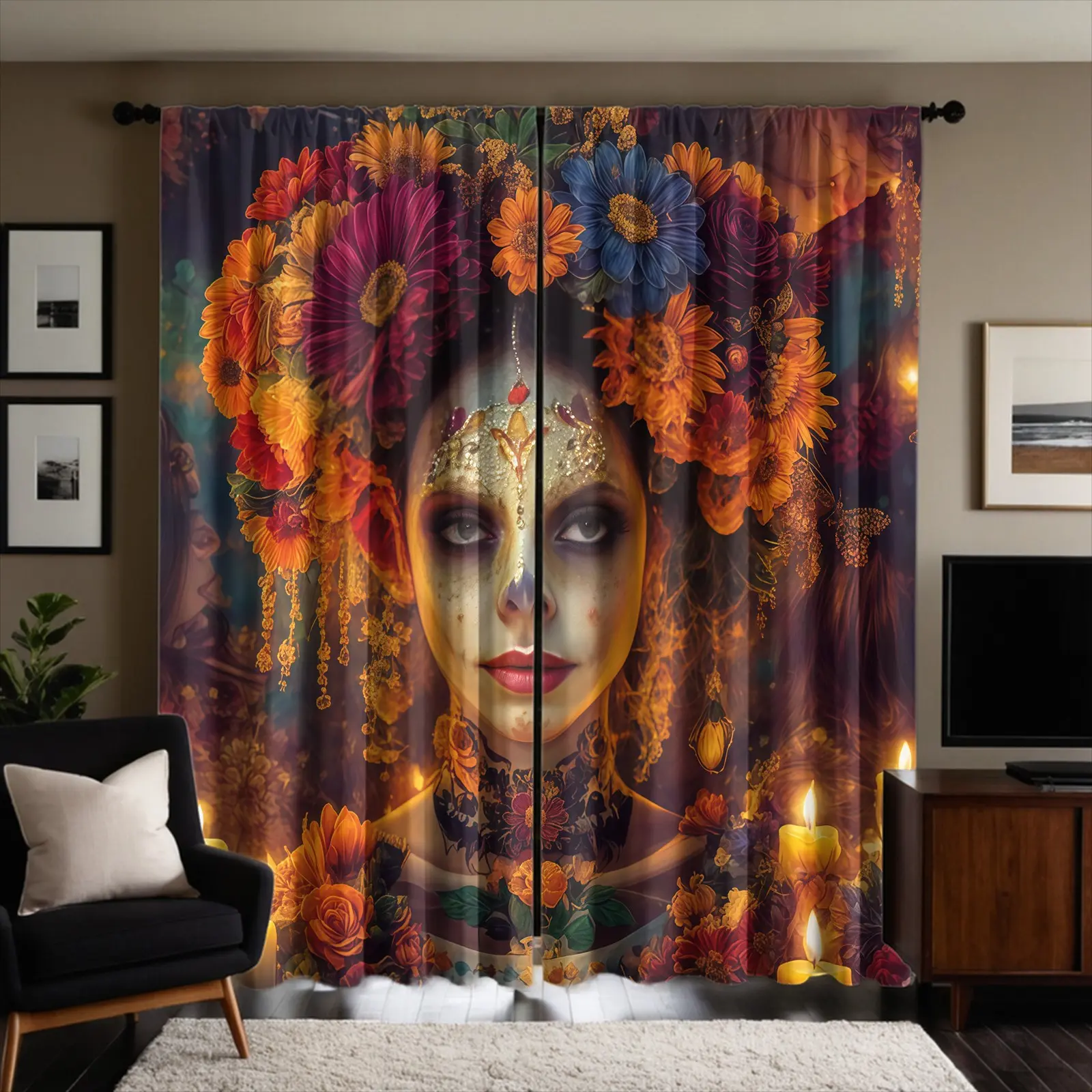 Mexican Day Of The Dead Pattern Brushed Fabric Semi-Blackout Curtains, Two-Piece Set, Suitable For Bedroom And Living Room, Various Sizes Available