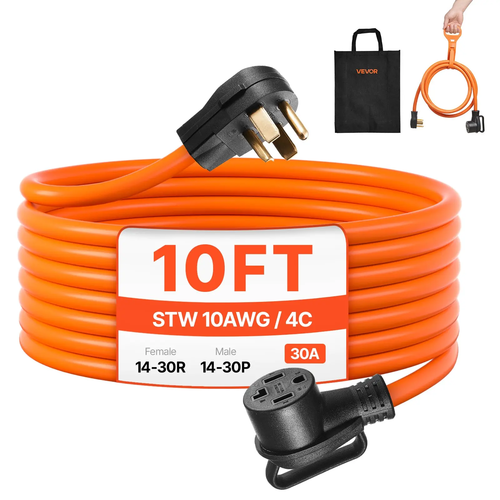【DealsForYouDays】VEVOR 10 ft Dryer Extension Cord, 4-Prong NEMA 14-30P to 14-30R Dryer Cord, 125V/250V, STW 10AWG/4C, 30A, Pure Copper Wire Cable with Black Non-woven Bag and PVC Cable Tie, for Outdoor Indoor Use