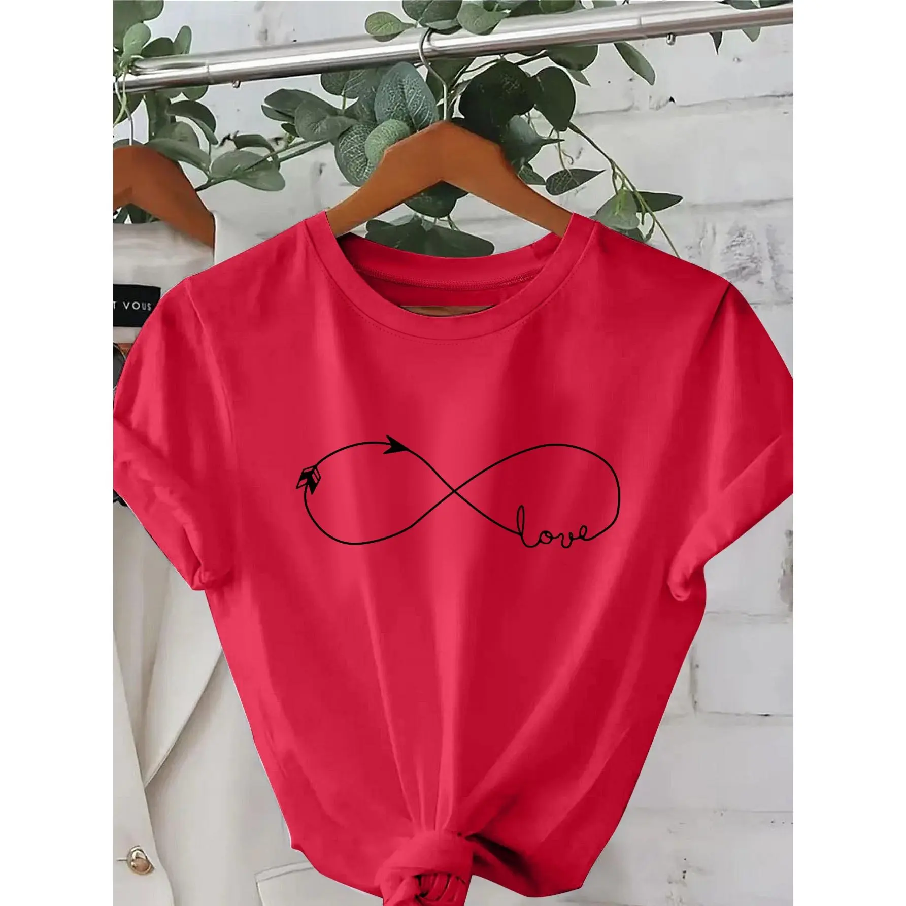 Women's Mustard-Yellow Love & Infinity Symbol T-Shirt - Short Sleeve Casual Round Neck Top with Black Arrow & Infinity Loop Print, Yellow Relaxed Fit for Casual Attire, Parties, - Machine Washable Love-Themed Apparel