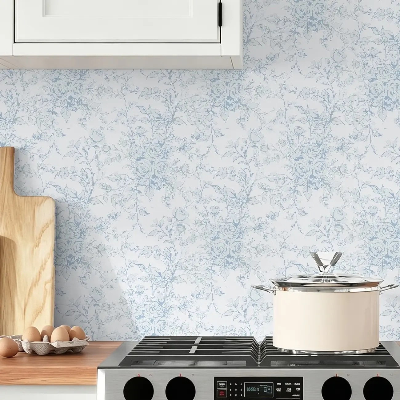 Base Light Blue Floral Peel and Stick Wallpaper, Vintage Rose Mural for Kitchen Bedroom Living Room, Shabby Chic Aesthetic Decor