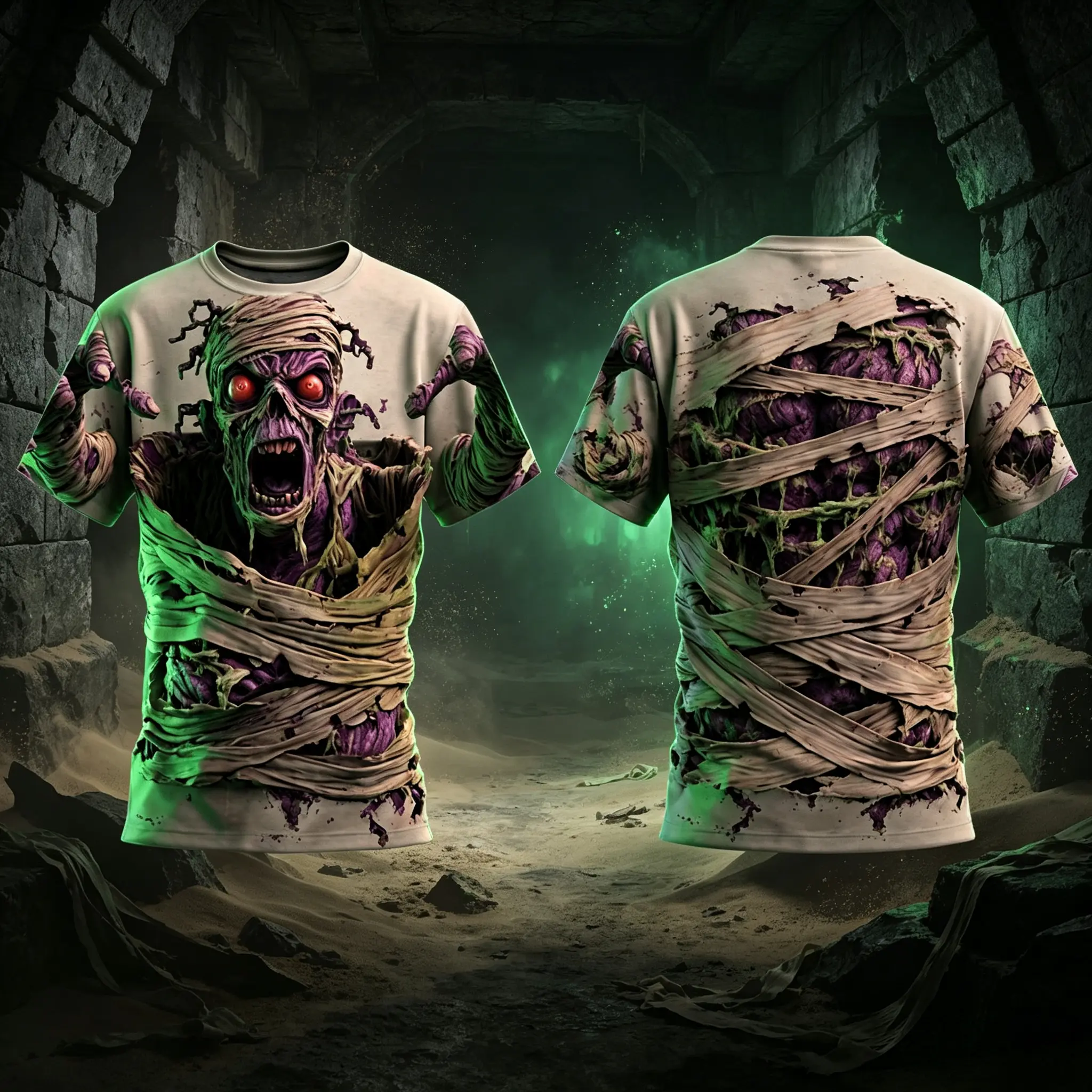 3D Mummy Breaking Out Front Back All Over Print T-Shirt, Scary Undead Monster Halloween Graphic Tee # MummyTee # HalloweenShirt # HorrorGraphic