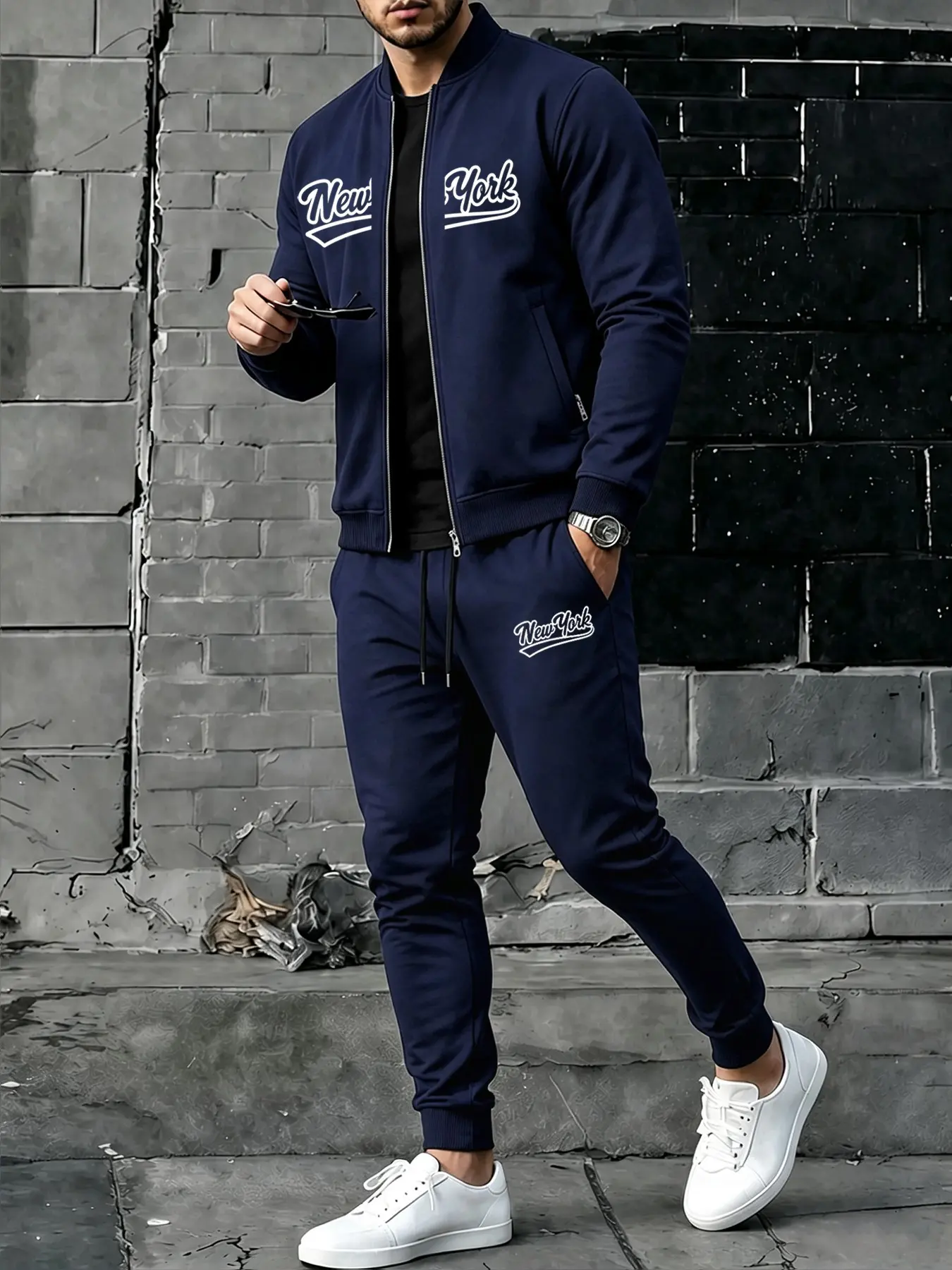Men's Zipper Baseball Jacket and Sweatpants Set, Soft Non-Pilling Fabric, Vintage Letter Print, Casual Outdoor Wear, All Seasons