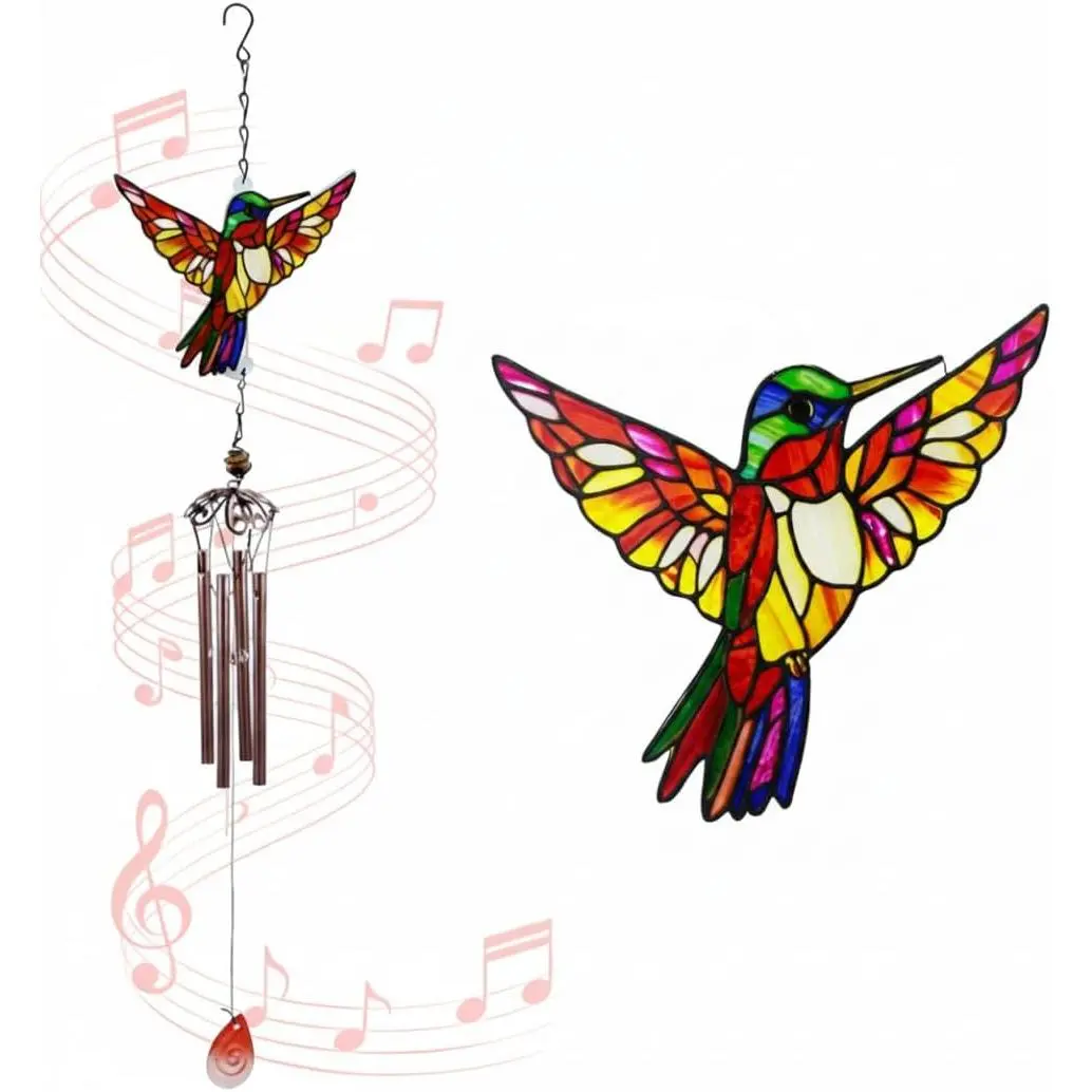 Wind Chimes for Outside,  Stained Glass Hummingbird Wind Chime, Deep Tone Memorial Gifts for Women Mom Grandma, Durable Metal Garden Patio Yard Window Decoration