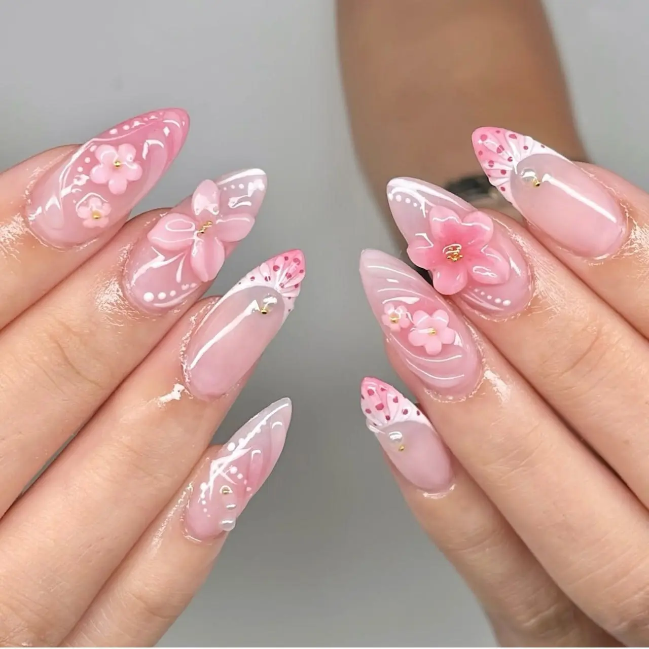 Press on Nails, ft-218 Jelly Glue Type, Sweet Instagram-Style Pink 3D Butterfly Carved Flower Gradient Wearable Nail Art Stickers