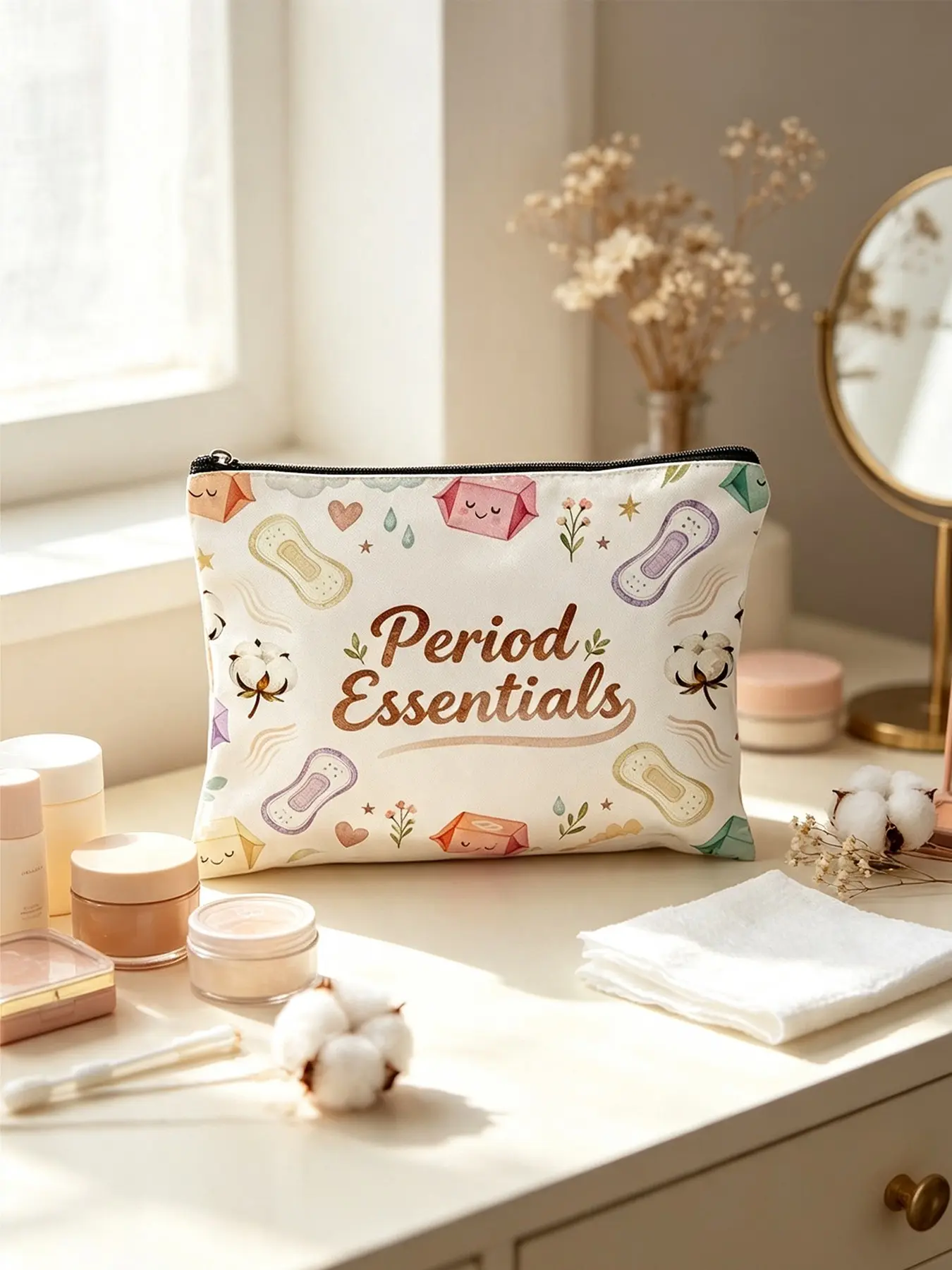 Period Essential Storage Bag, Sanitary Pad Pattern Makeup Bag, Travel Wash Kit, Multi-Functional Organizer, DIY Classification, Women's Period Care Gift