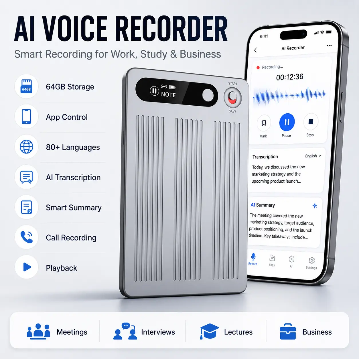 Magnetic Portable AI Voice Recorder with 64GB Storage, App Control, 80+ Language Transcription & Smart Summaries, Phone Call Recording and Built-In Playback for Meetings, Interviews, Lectures and Business Use