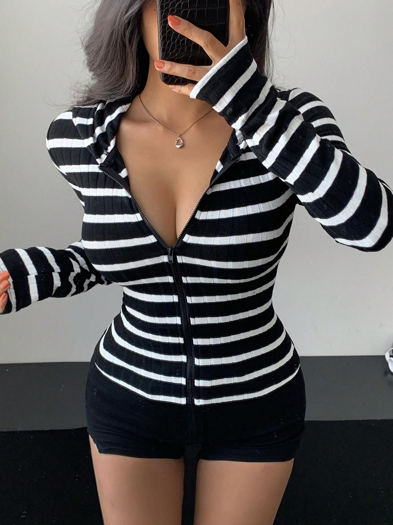 Women's Simple Striped Zipper Fitted Knit Long Sleeve Hoodie, Casual Daily Wear, Everyday, Comfortable and Stylish, Perfect for Spring & Fall Seasons, Sweatshirts, Tops