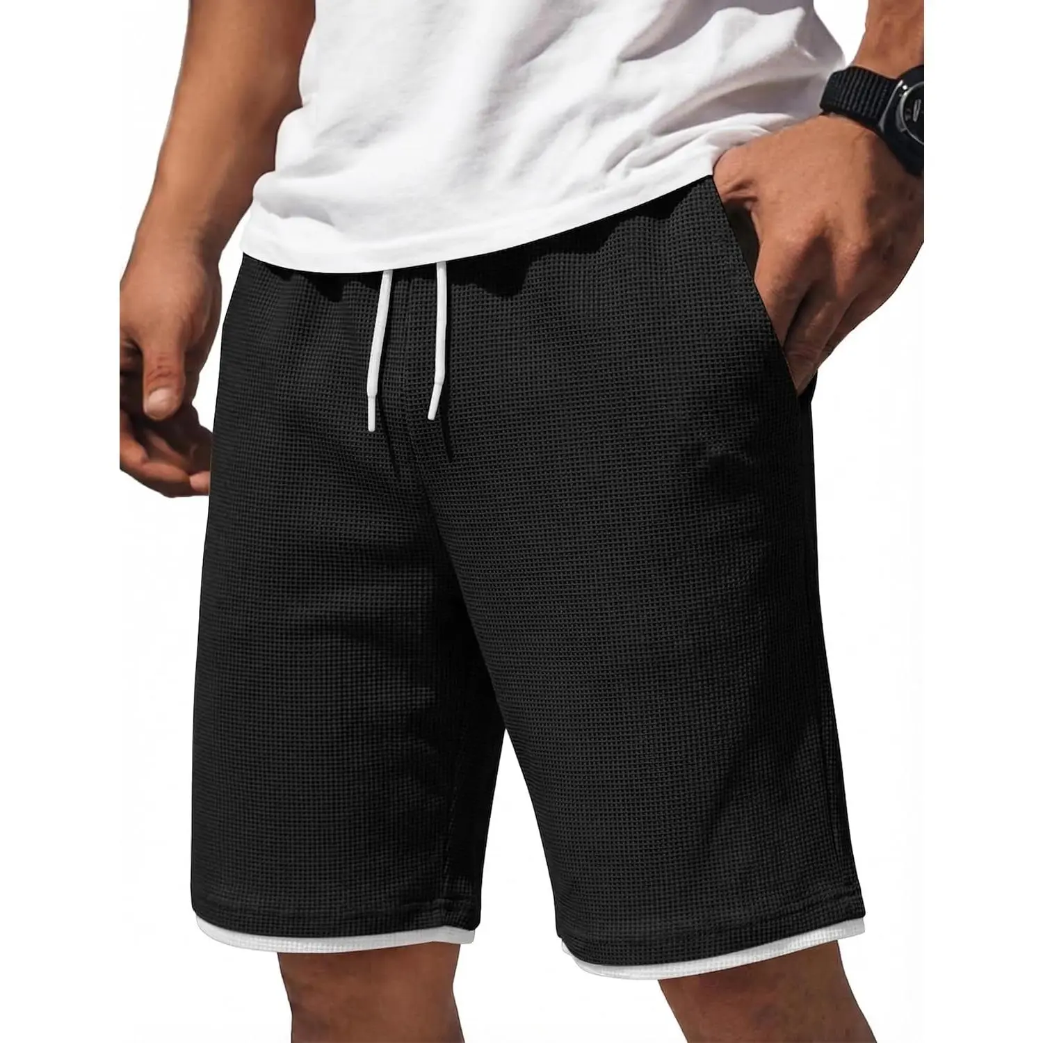 Mens Casual Shorts Cotton Drawstring 7/9 inch Waffle Shorts Stretch Elastic Waist Summer Beach Lounge Sweat Shorts
