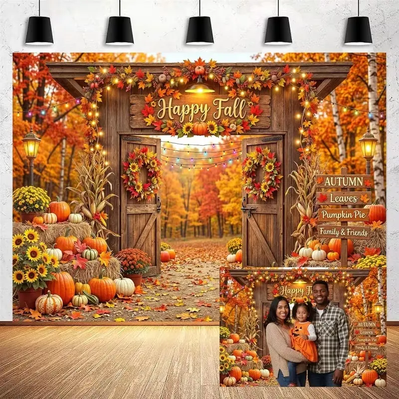 Happy Fall Backdrop Banner, Rustic Wooden Barn Door Autumn Harvest Photography Background Photo Backdrops, Thanksgiving Party Decoration Banner Prop for Family