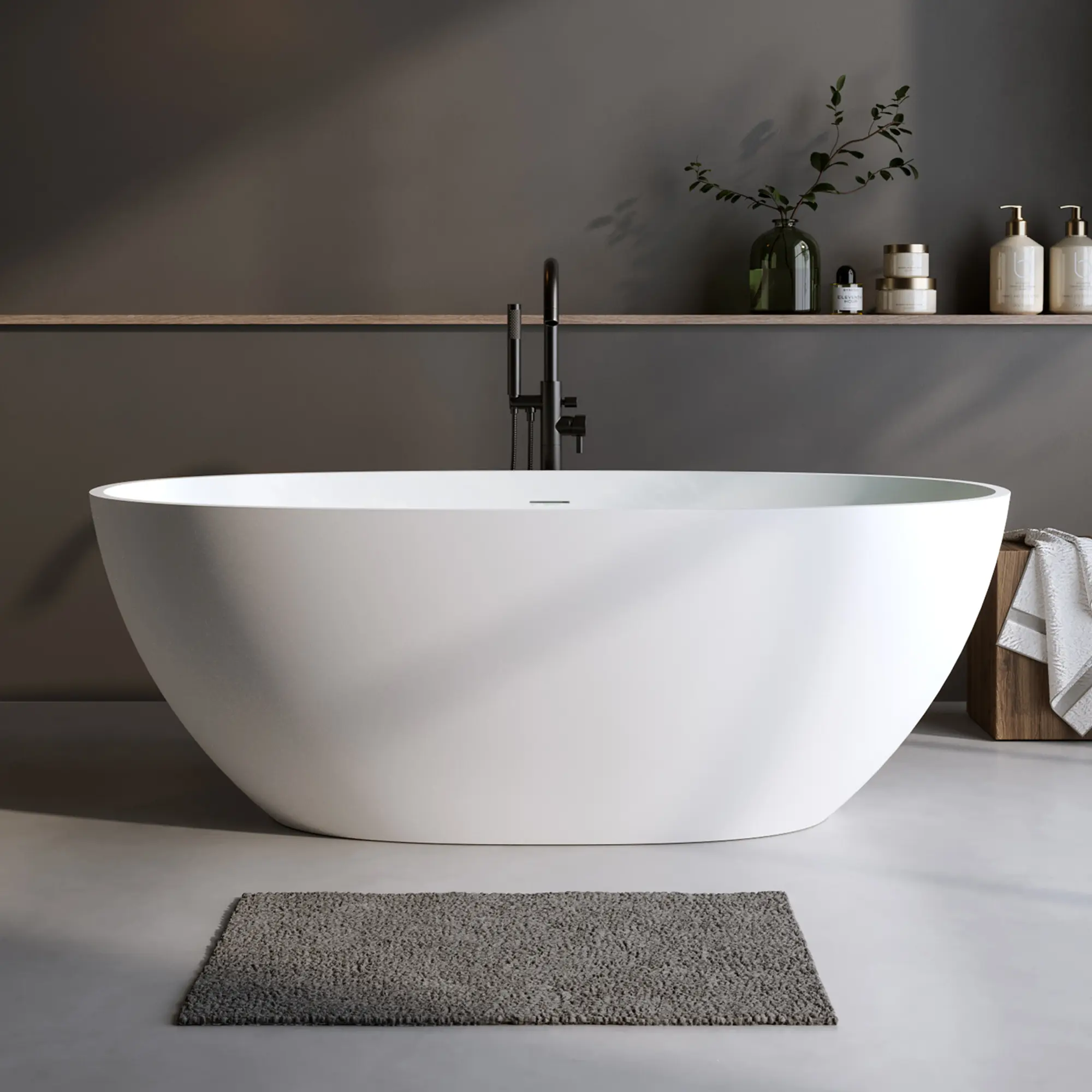 Nokka 55 Inch Solid Surface Freestanding Soaking Bathtub, Stone Resin Oval Stand Alone Tub with Overflow and Pop-Up Drain, Ergonomic Deep Soaker for Master Bathroom, Easy Clean Non-Porous Surface, 55x29.5x22 Inches, Matte White