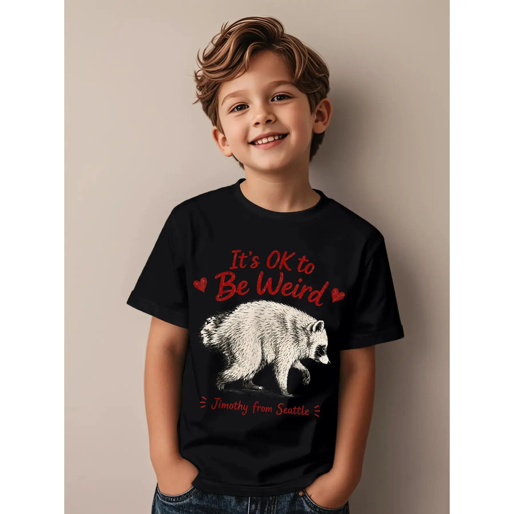 Soft Breathable Jimothy from Seattle Itu2019s OK to Be Weird Raccoon Meme T-Shirt for Kids | Boys & Girls Graphic Tee - Birthday Party Outfit or Everyday Play Clothes