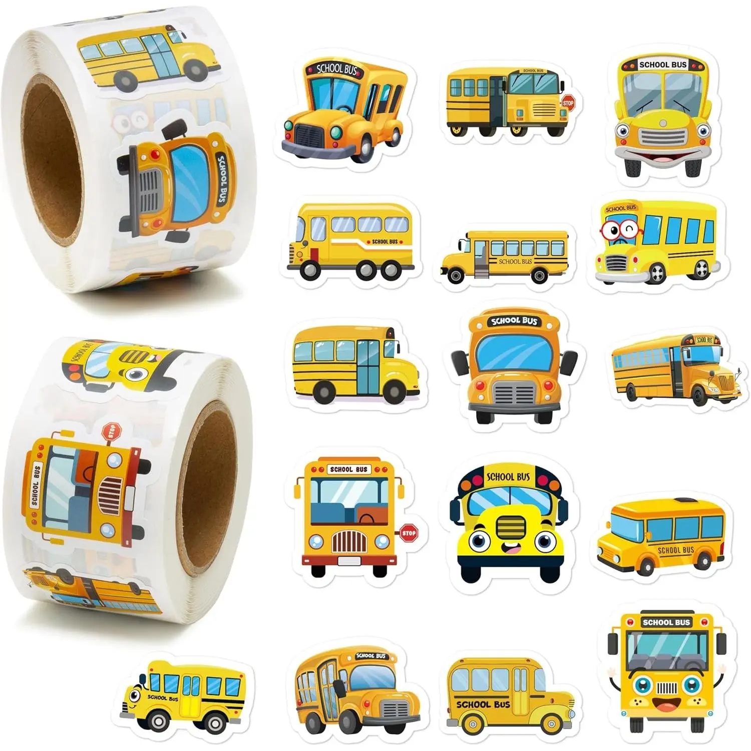 School Bus Roll Stickers - 1000Pcs School Bus Stickers in 2 Rolls Back to School Waterproof Vinyl Cartoon Transportation Decals for Laptop Bottle Notebook Luggage Computer Classroom Decor Kids