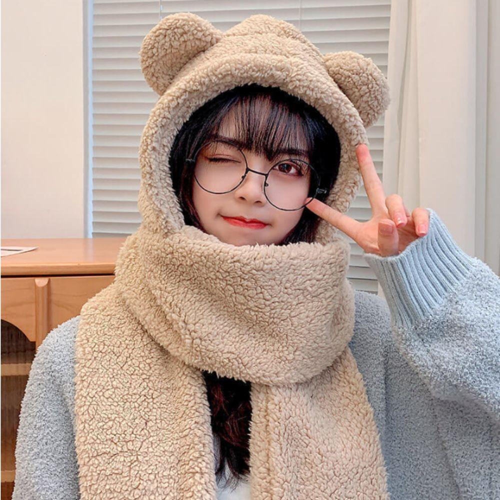 Unique 3 in 1 Bear Ear Plush Beanie Thickened Ear Protection Plush Scarf Hat Gloves Earmuffs Warm Fleece Scarves Hat Autumn