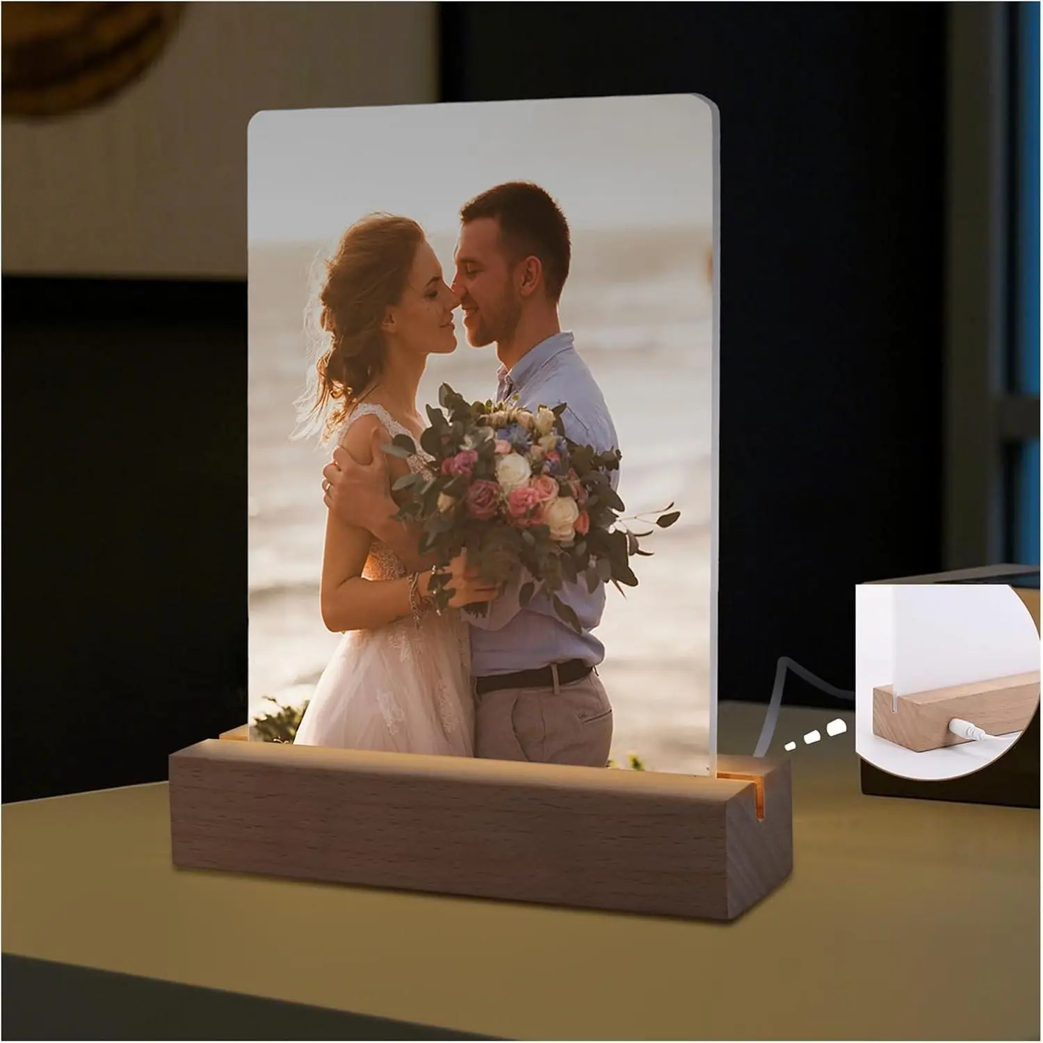 2 Pack 5" x 7" Sublimation LED Acrylic Blank Heart Shape Photo Frame Night Light With Warm Color Light and Wood Stand For Heat Press Machine Printing