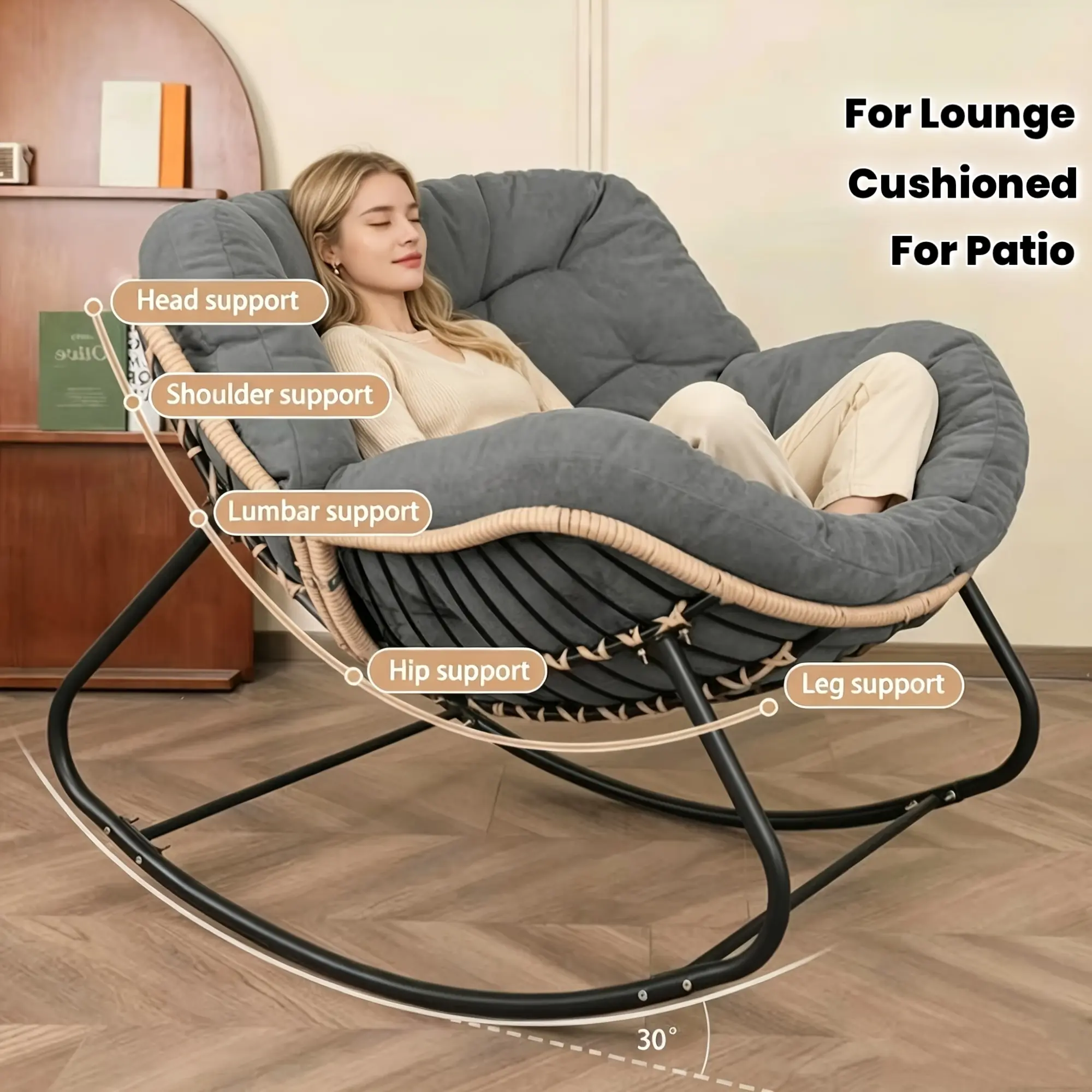 Patio Rocking Chair, A  Recliner, Lounge/Egg Chair Outdoor/Indoor, Comfy Reading Chair for Porch/Garden/Patio/Camping, Spring/Summer Outdoor Furniture, Easter Gift, with Cushion
