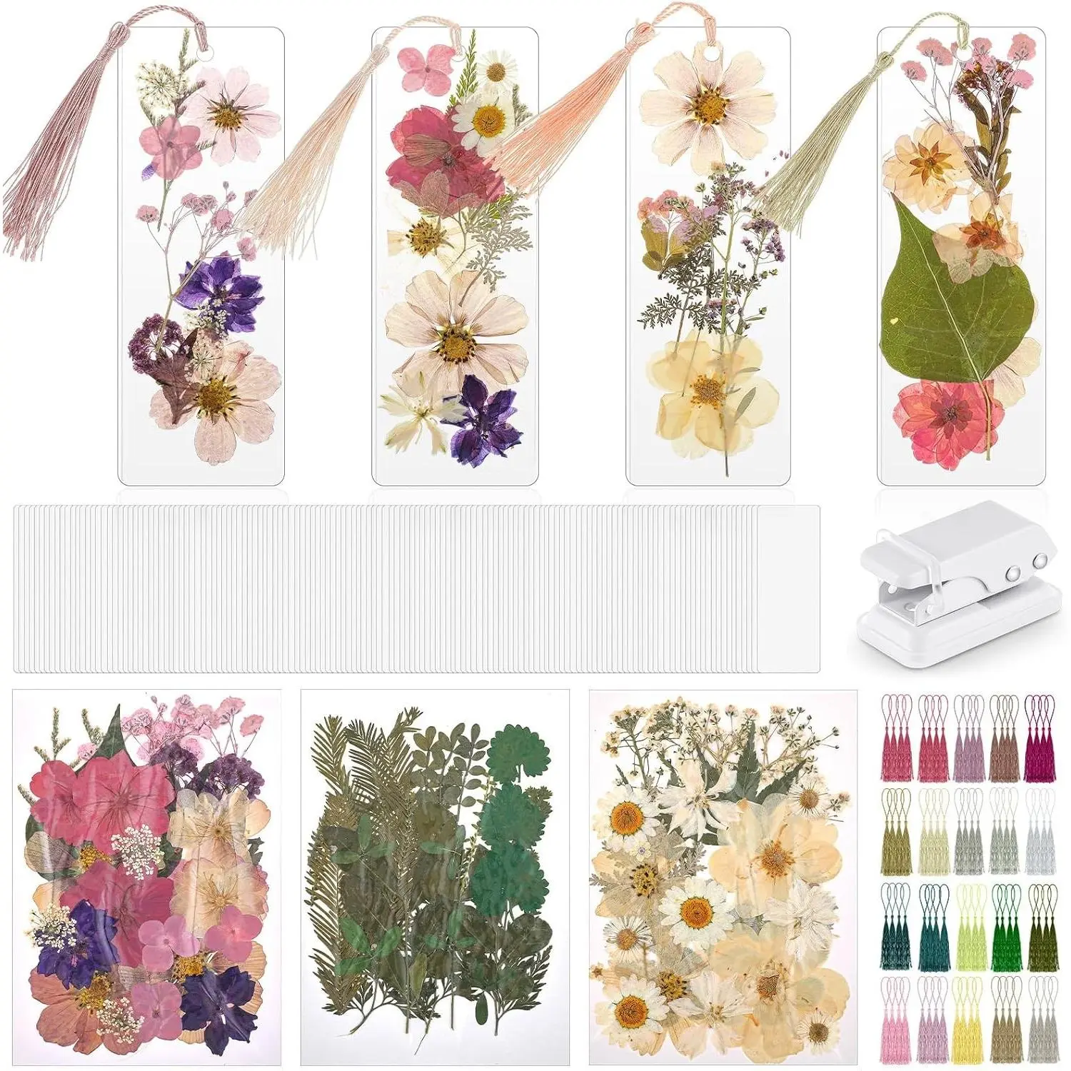 376 Pcs Pressed Flower Bookmark Kit, Boho Color, 2 x 6 Inch Dried Flowers with Laminating Pouches Tassels Puncher, Handmade DIY Craft Kit for Women Adults, Great Gifts for Book Lovers