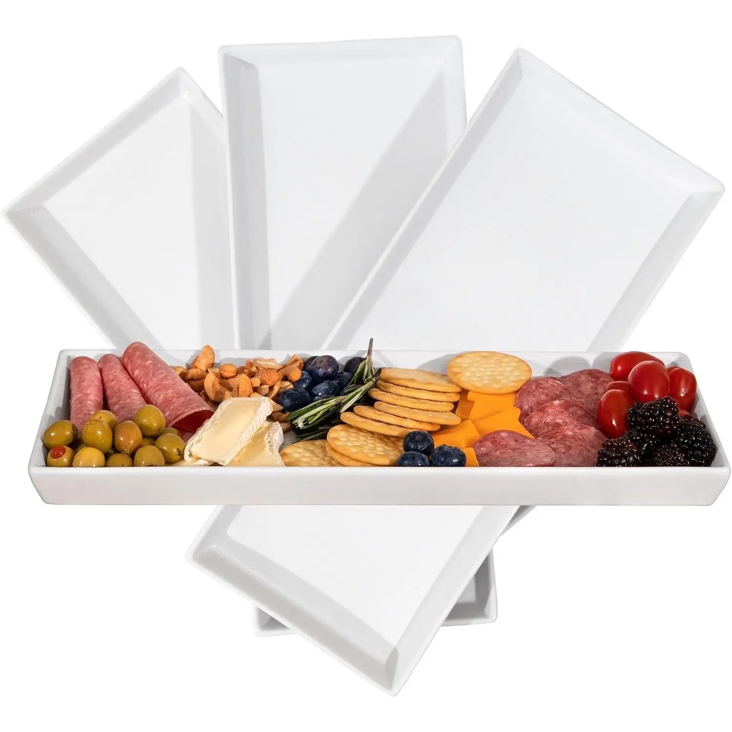 White Ceramic Serving Platters Set of 4, 14 x 6 Inch Rectangle Food Serving Dishes for Entertaining, Appetizers, Desserts, Cheese Board, Charcuterie, Sushi, Party Serving Trays