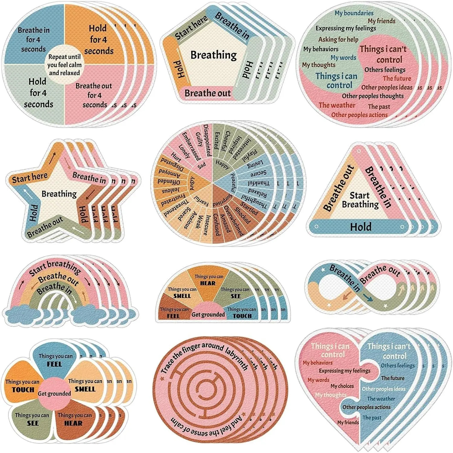 48 Pcs Breath Calm Anxiety Sensory Stickers Reusable Mindfulness Sticker Fidget Silent Adhesive Sensory Strips for Christmas School Office Classroom Adults Teens Kids Classroom Anxiety Relief