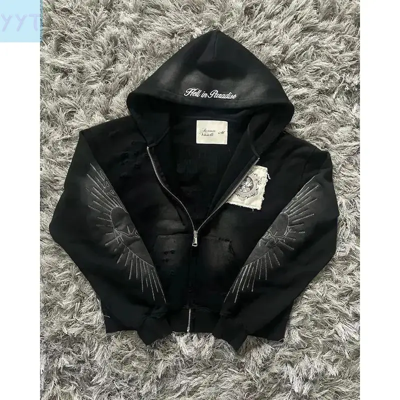 YYT1 Hell in Paradise Retro Gothic Style Zip Up Hoodie Embroidery Patchwork Hoodies Loose Sweatshirt Men Clothing Menswear Sleeve Tops Y2K