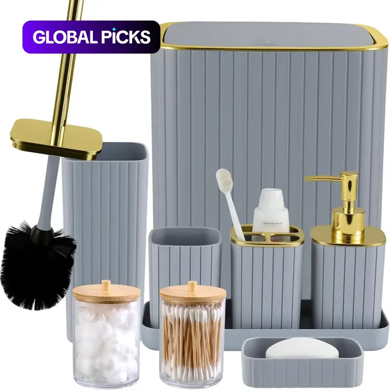Bathroom Accessories Set, 9-Piece Kit Including Toilet Brush, Trash Can, Soap Dispenser, Cotton Swab Holder, Modern Home Essentials, Bathroom Gadgets Kit #GLOBAL PICKS