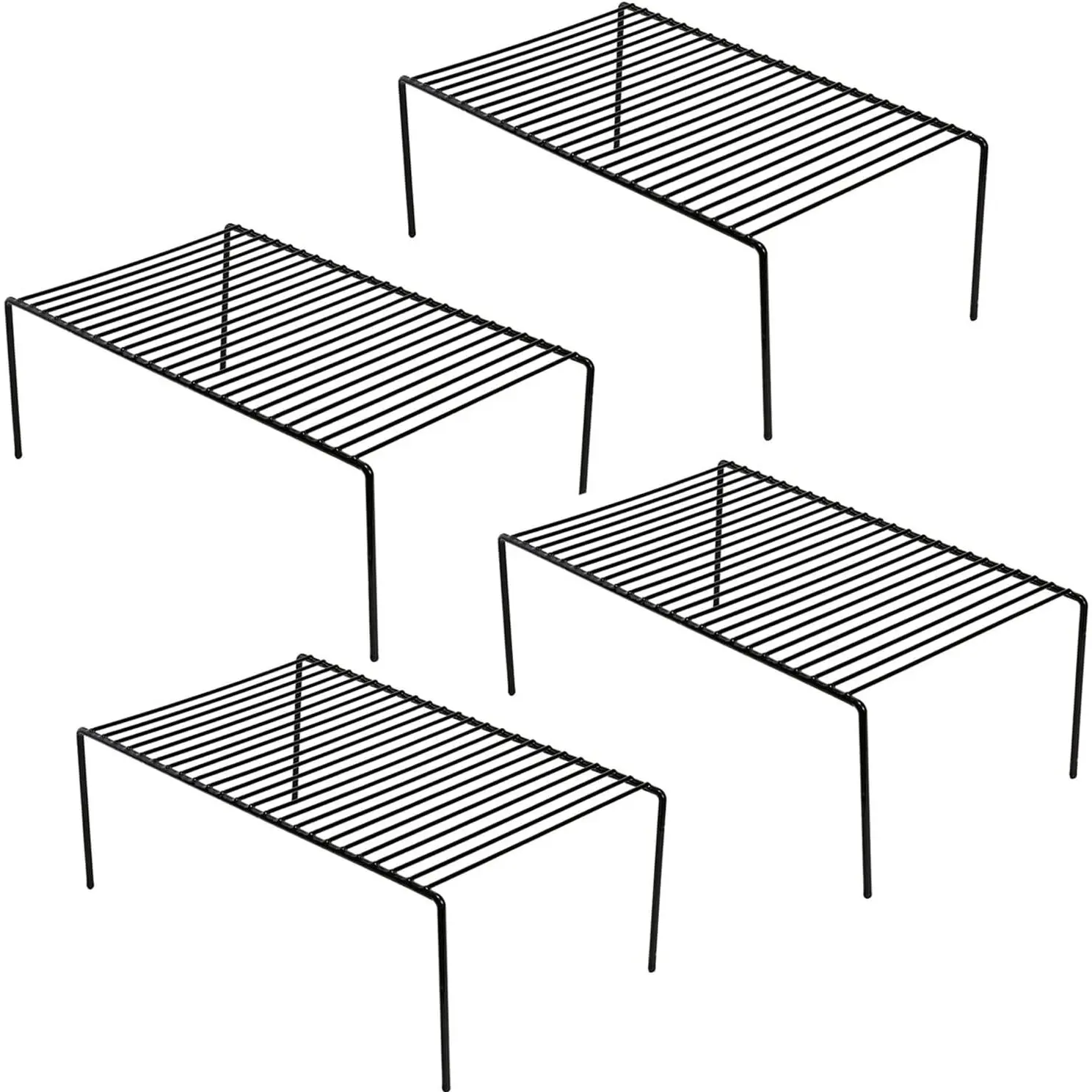 Double Layer Space-Saving Universal Metal Wire Kitchen Cabinet Storage System Shelf Set of 4 (13x9.4in, Black) - Home Organizer for Fridge, Pantry, Counter; Medium Dish Plate Holder, Multifunctional