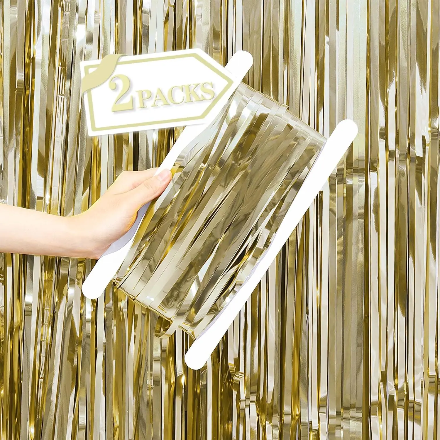 Metallic Tinsel Foil Fringe Curtains Backdrop Champagne , 2 count 3.28 ft x 6.56 ft Streamers for Birthday Party Graduation   Indoor Outdoor Photo Booth Windows Decorations Supplies