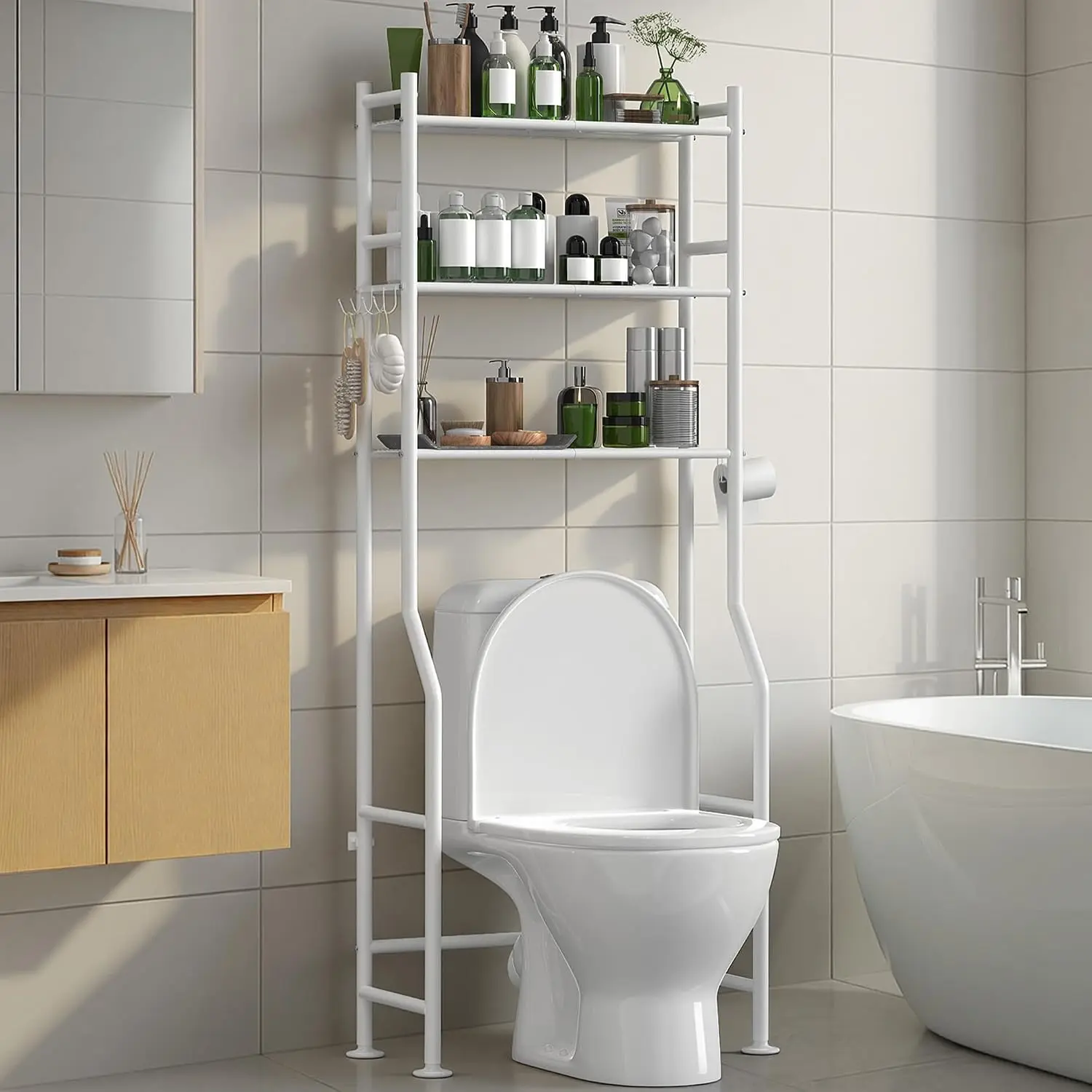 3-Tier Over The Toilet Storage Organizer, Space-Saving Bathroom Rack with Paper Holder & 4 Hooks, 64" Tall Freestanding Carbon Steel Shelf for Small Apartment Laundry Room (White)