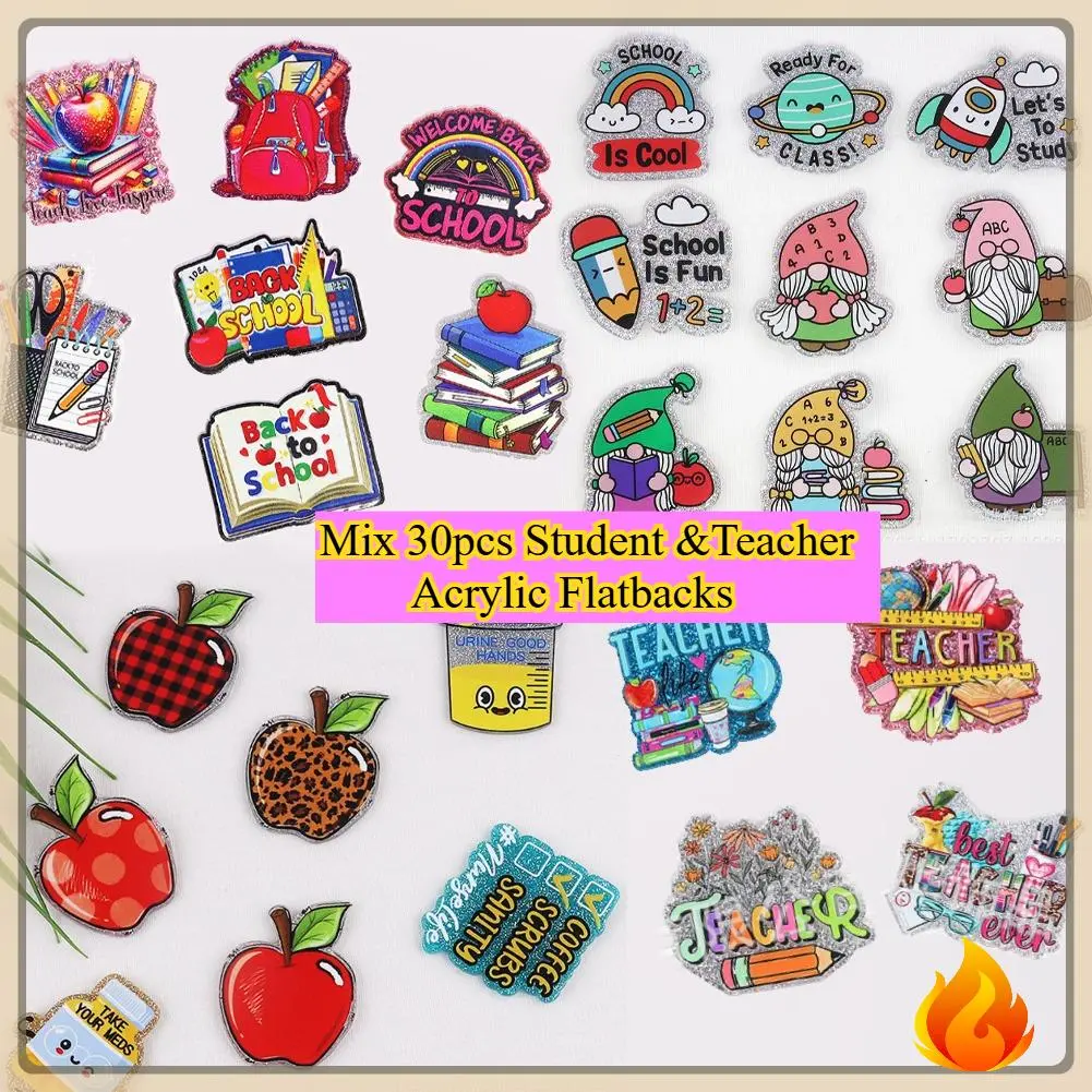 30pc Mixed Cute Acrylic Flatbacks - School Supplies Charms for Teachers & Students, Blank, Sculpted, Pin Badge Keychains, DIY Badge Reels & Pendants, Acrylic Blank Keychains, Fashion Keychains