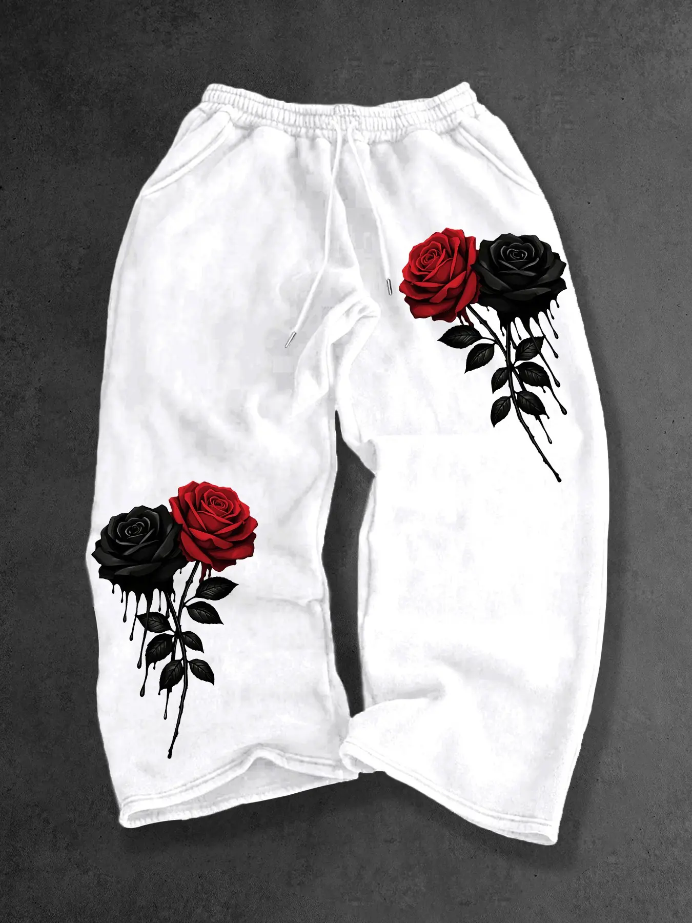 Men Elastic Drawstring Wide Leg Sweatpants, Dripping Red Black Rose Pattern Print on Both Legs, Side Pockets Loose Fit Gothic Streetwear Casual Daily Sports Jogger Pants #RosePrintSweatpants #GothicStreetPants #WideLegStreetJoggers