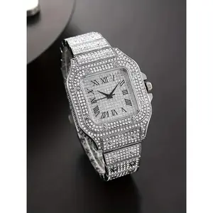 A square-shaped men's quartz watch featuring a starry sky design on the dial, stainless steel strap, diamond embellishments, and Roman numerals, Modern Fashionable Wristwatch, Casual Trendy Wristwatch, Stylish Watch, Quartz Analog Watches