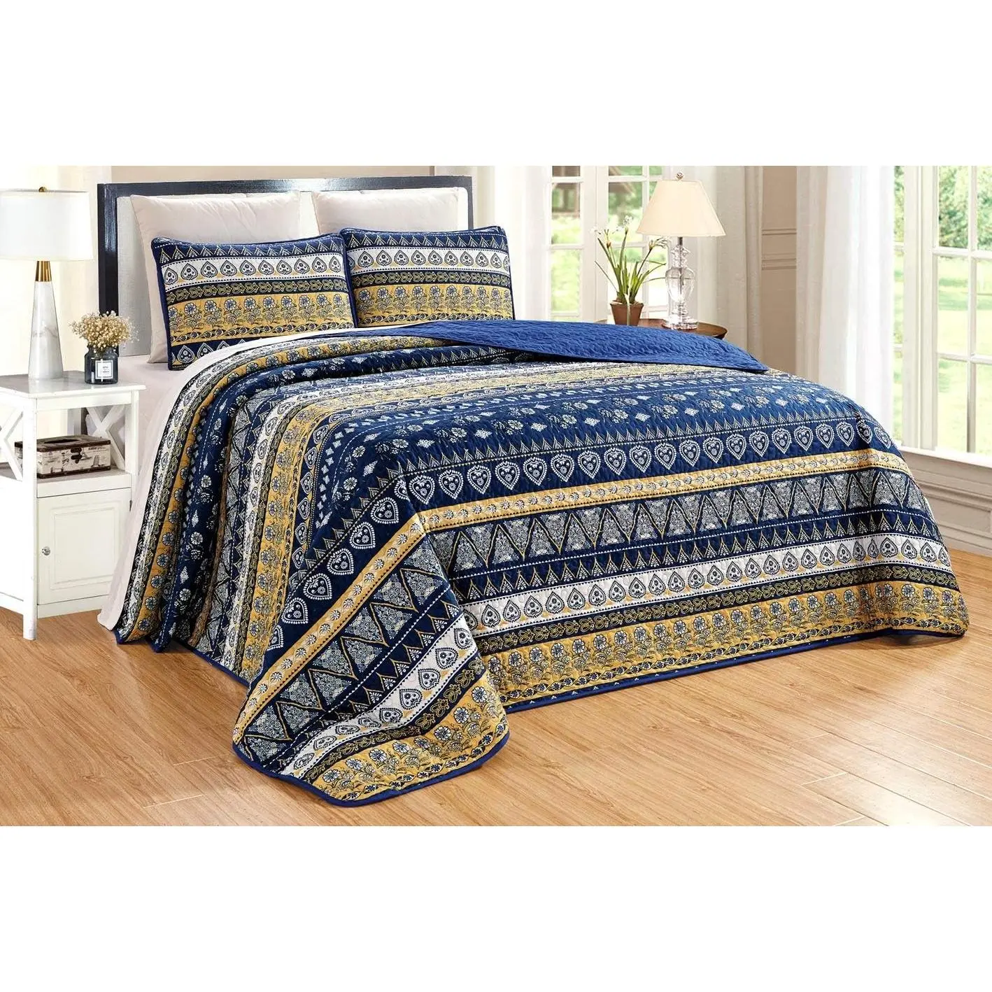 3-Piece Fine Printed (90" X 88") Quilt Set Reversible Bedspread Coverlet (Double) Full Size Bed Cover (Navy Blue, Gold, Yellow Stripe)