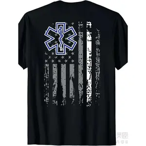 Thin White Line EMS EMT Paramedic Flag T-Shirt - Heavyweight 220gsm Retro Unisex Tee with of Life & EMS Badge Design, All-Season Fit First Responders, Men & Women (Back Print)