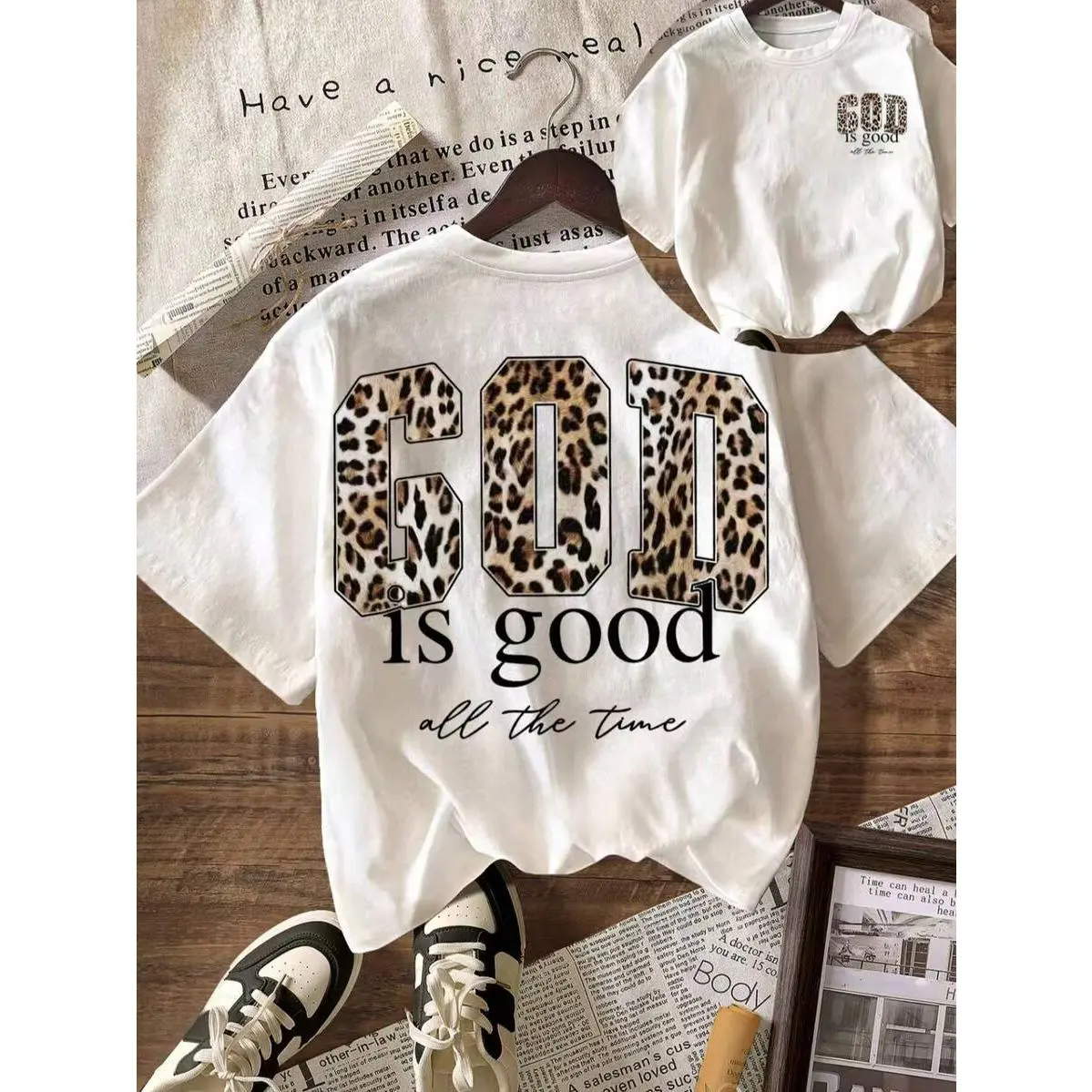 Unisex 'God is Good' Leopard Print Graphic T-Shirt, Oversized Classic Streetwear Vibe, 100% Cotton Fabric, Double Sided Shortsleeve Top, Loose