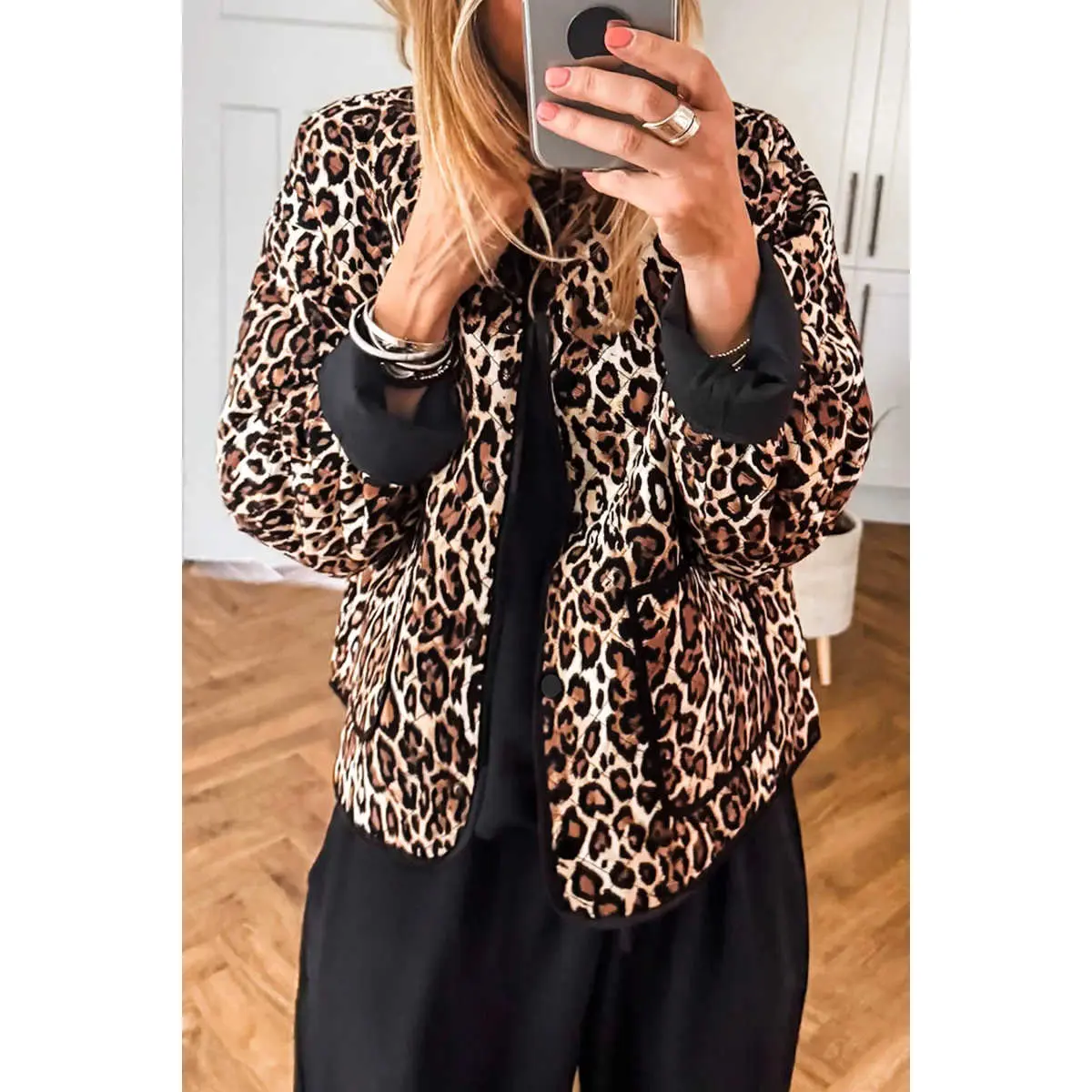 Brown Leopard Print Quilted Button Front Patch Pockets Jacket