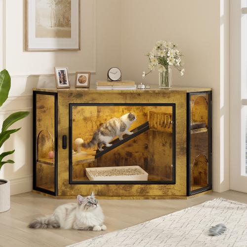 [Bellemave]48" Corner Cat Litter Box Enclosure, Modern Hidden Litter Box Corner Cabinet with Acrylic Door and LED Light, Cat House with Playground and Stairs, Tiger