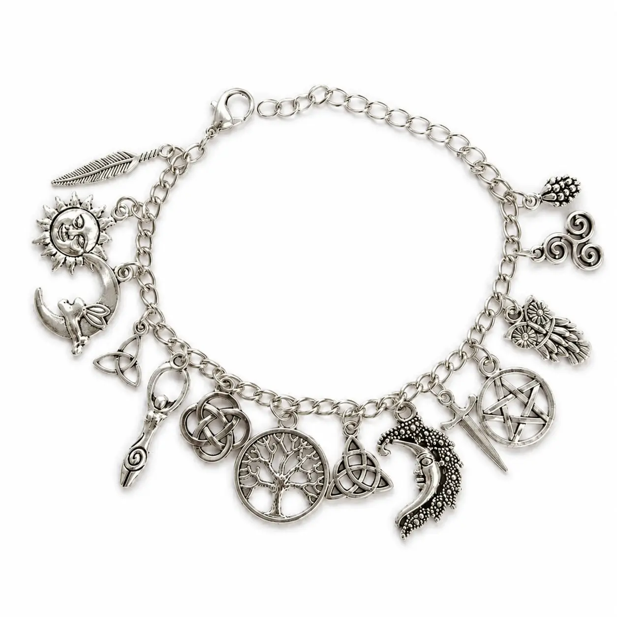 Women's Vintage Silver Alloy Exquisite Multi-Charm Gothic Witchy Bracelet - 22cm Adjustable, Fantasy Geometric Mystical Celestial, Sun, Moon, Tree of Life, Pentagram Pendants, Everyday Wear Costume Jewelry Statement Piece (Choking Hazard Small Parts), Exq