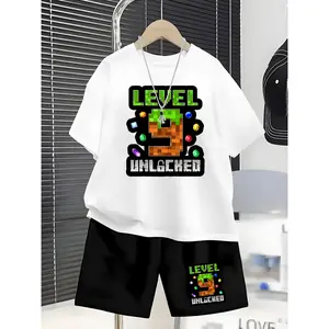 Boys' Trendy Cool Block-based Game LEVEL 9 Pixel Print Set, Children's Summer Outfit, 2pcs Short Sleeve T-Shirt + Shorts, Casual Versatile and Handsome Kids' Clothing for Little Boys, Perfect for Outdoor