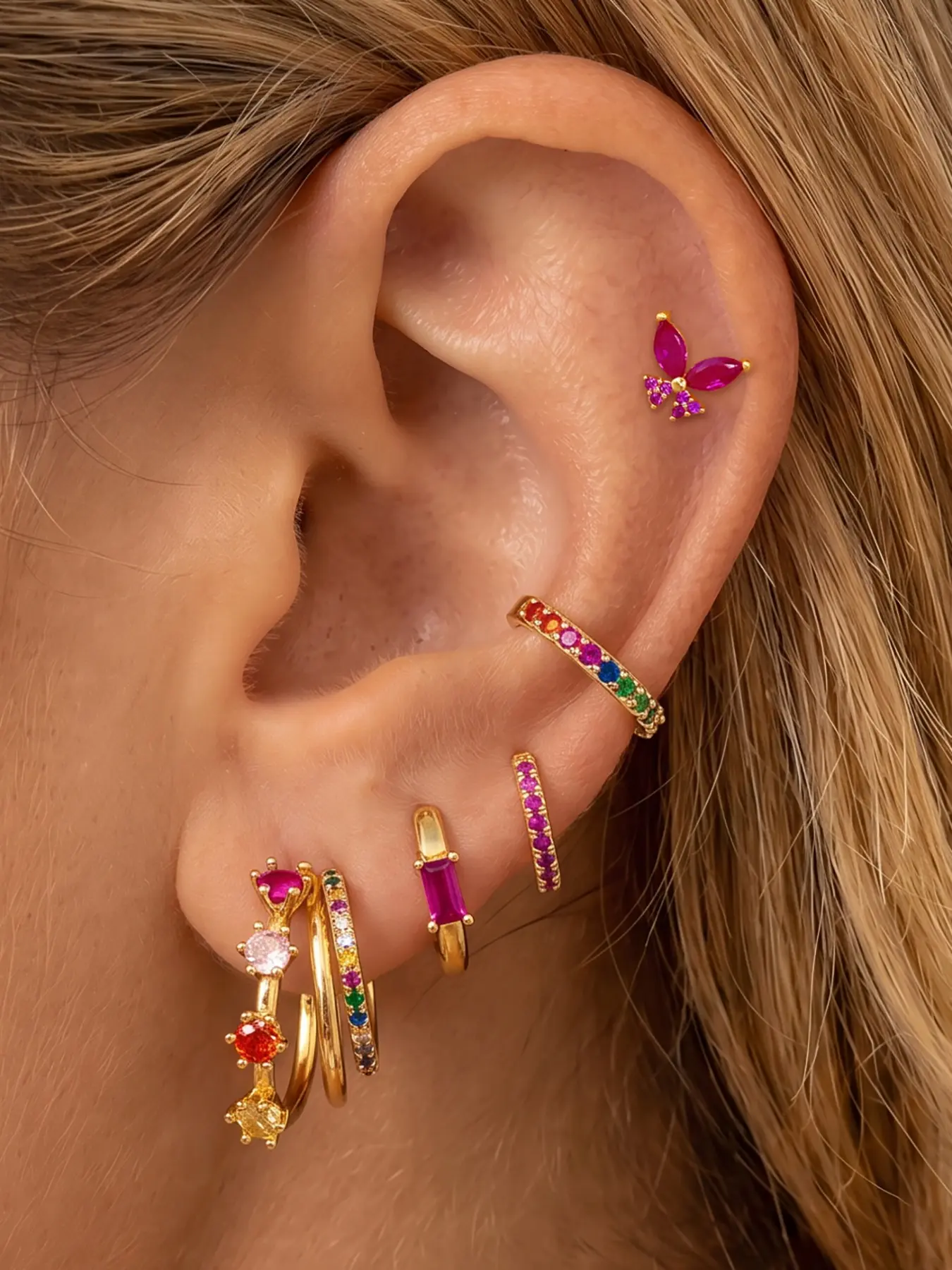 5Pcs Lovely 24K Gold Plated Multicolor Cubic Zirconia Cuff Earrings Set For Women Butterfly Stud Earrings Pack Colorful Zircon Hoop Earrings Stack Earring Sets