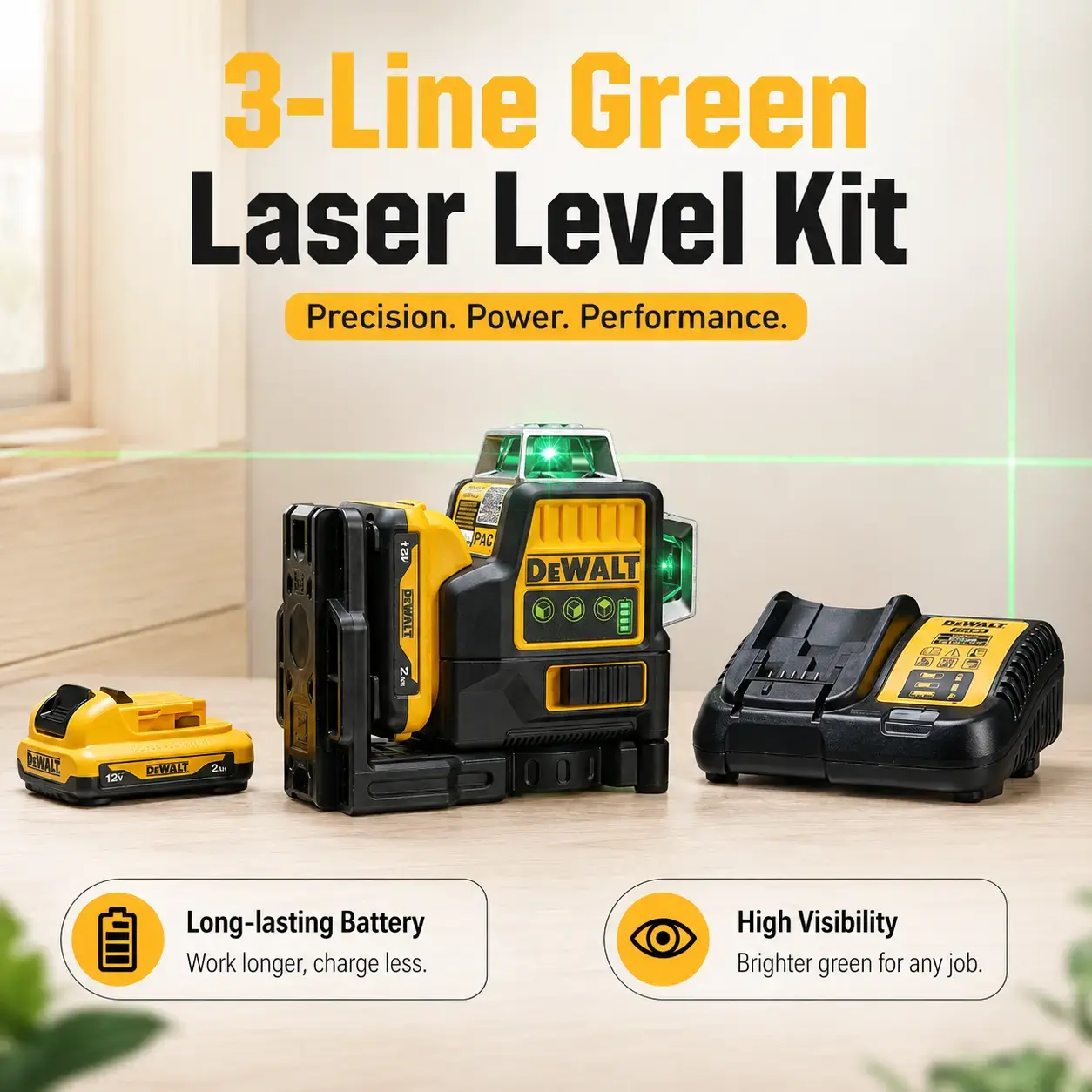 DEWALT DW089LG 12V Green Laser Level, 4° Self-Leveling, 3mm@10m High Precision Green Beam, Construction & Renovation Layout Tool