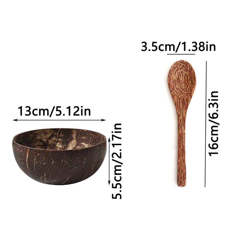 Natural Coconut Shell Bowl Set with Wooden Spoon, Traditional Southeast Asian Vietnamese Coconut Bowls, Eco-Friendly Serving Fruit Smoothie Salad Bowls