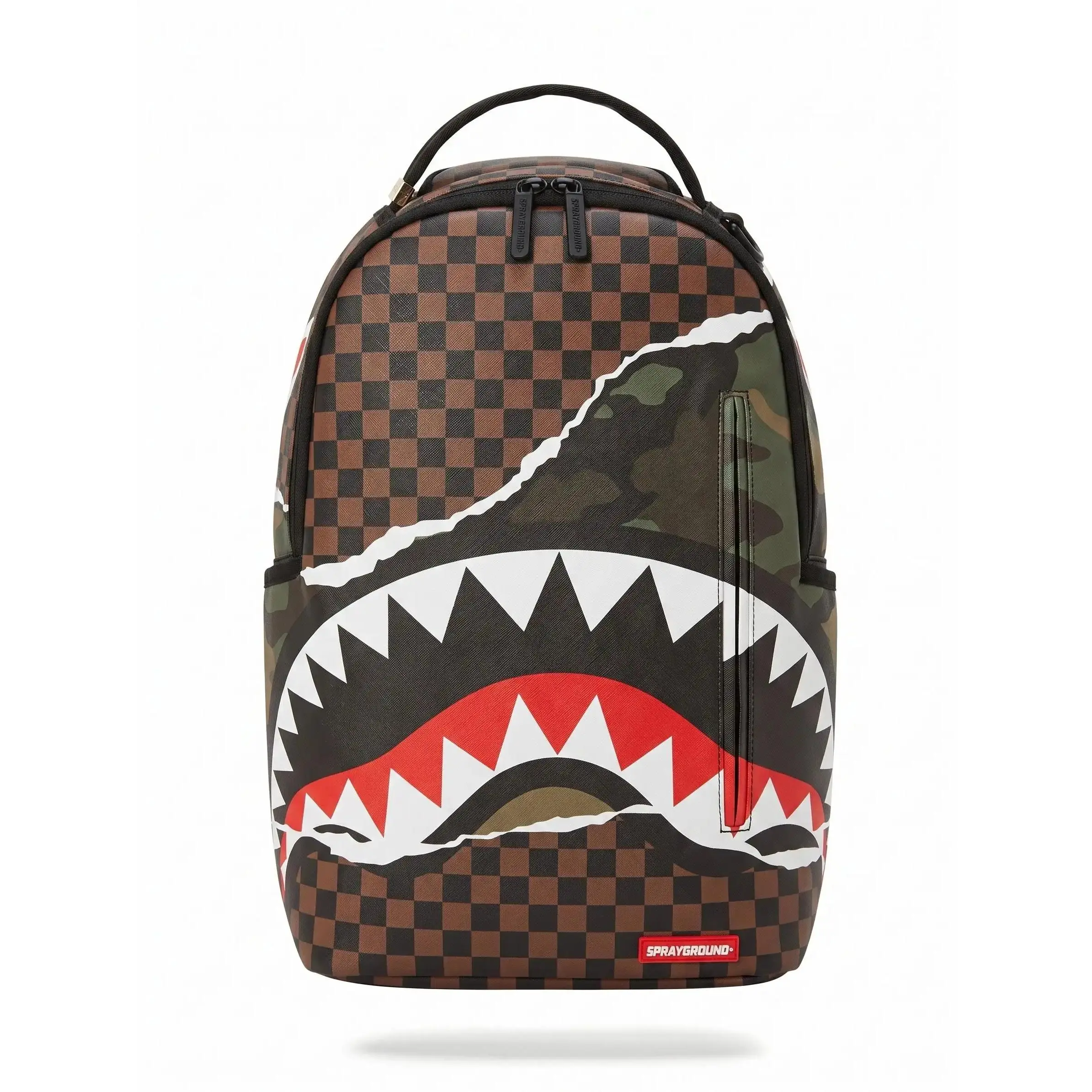 SG Brown Checkerboard Torn Camo Shark Backpack, Rip Reveal Military Green Camo with Classic Black White Red Shark Mouth, Streetwear School Travel Laptop Daypack for Men Women